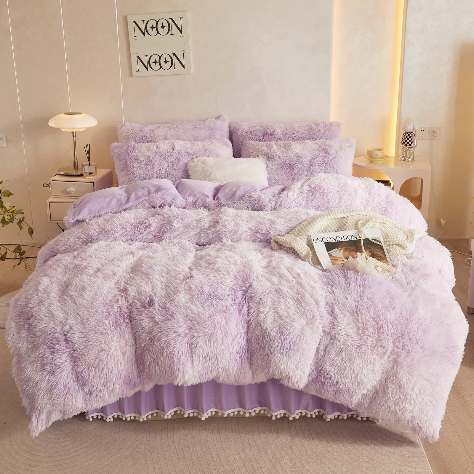 Tie Dye Purple Faux Fur King Comforter & Pillowcases Set