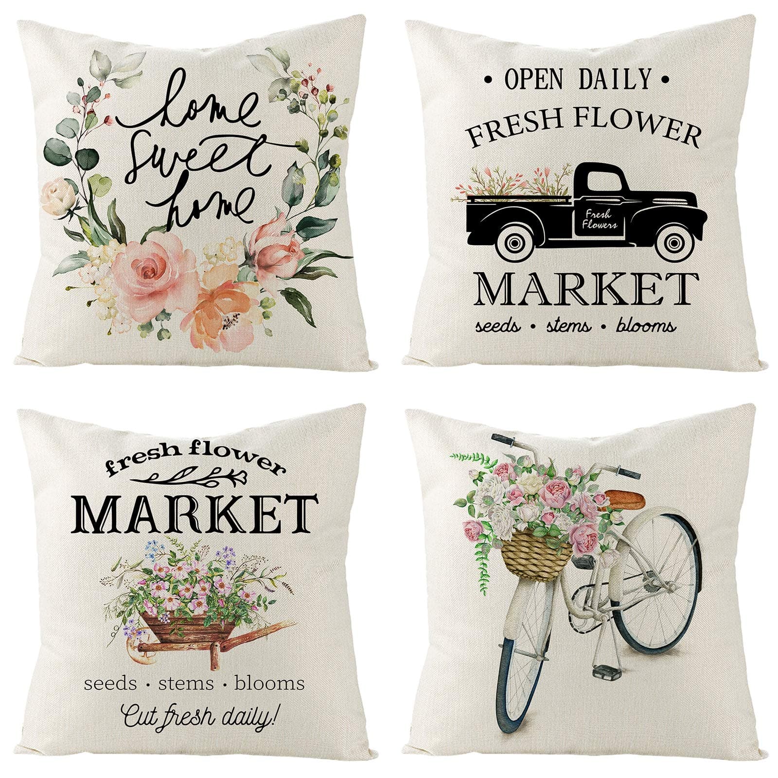 Tosewever Spring Floral Throw Pillow Covers - 18x18 Inches, Set of 4 for Couch & Home