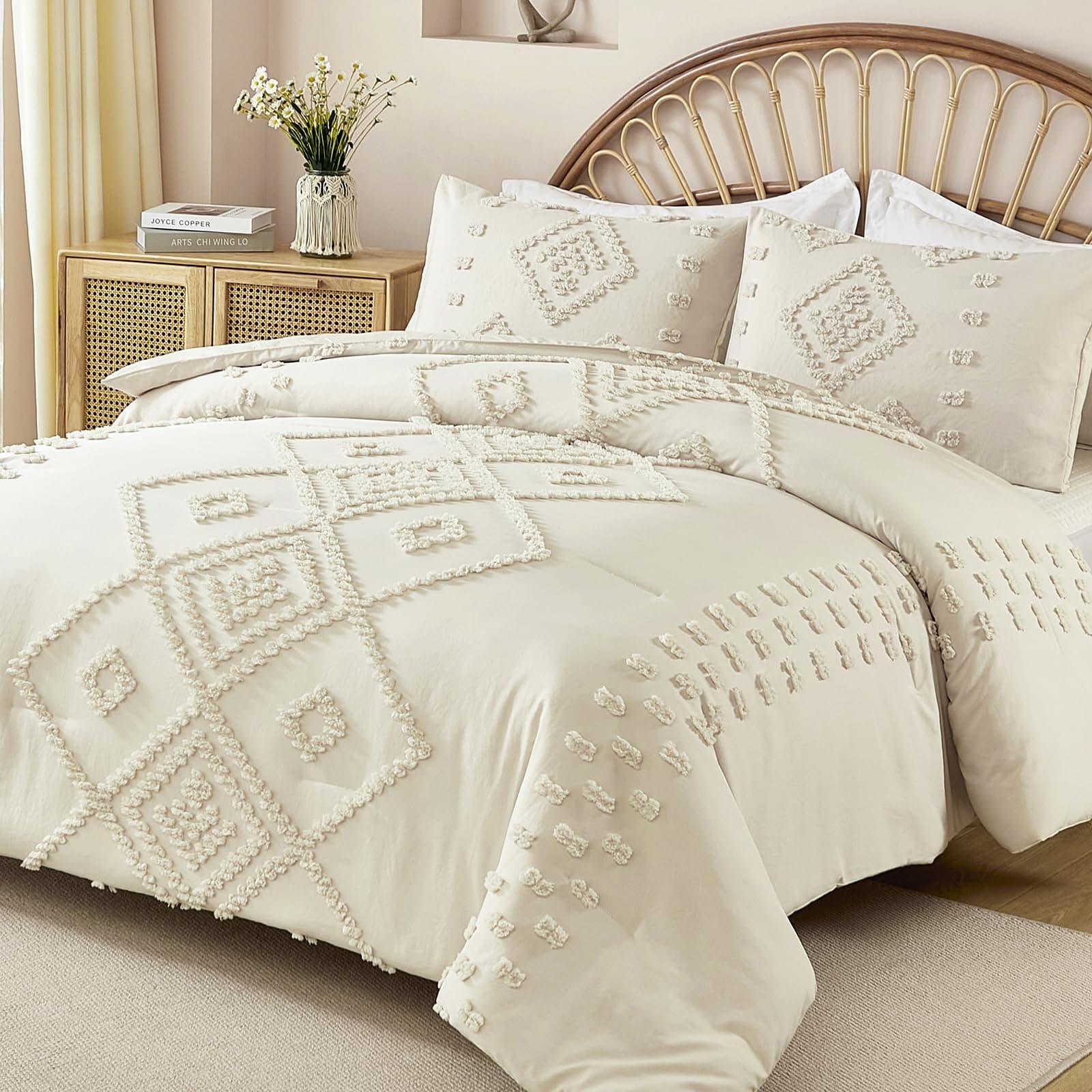 Dinjoy Shabby Chic Cream/Beige Boho Comforter Set Queen 3 Pieces Soft Fluffy