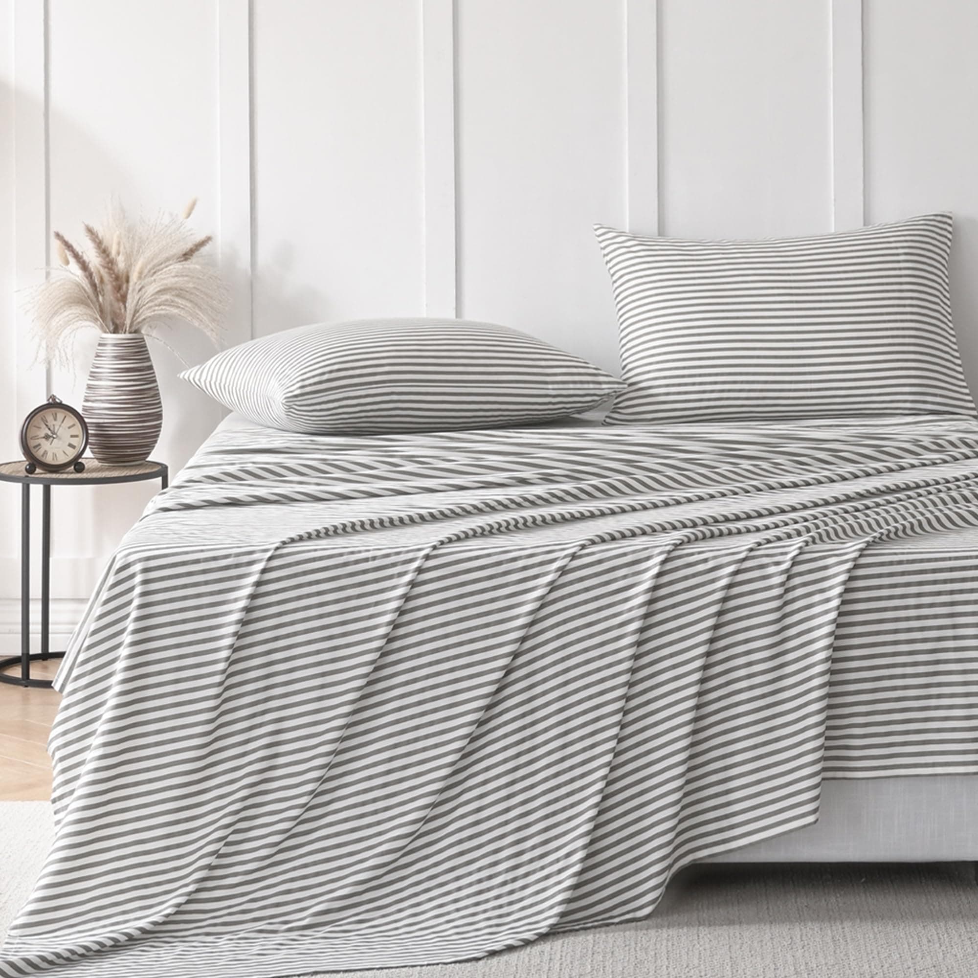 JELLYMONI Queen Size Striped Bed Sheets Set - 4 Pieces, 100% Cotton, Deep Pockets, Ultra-Soft