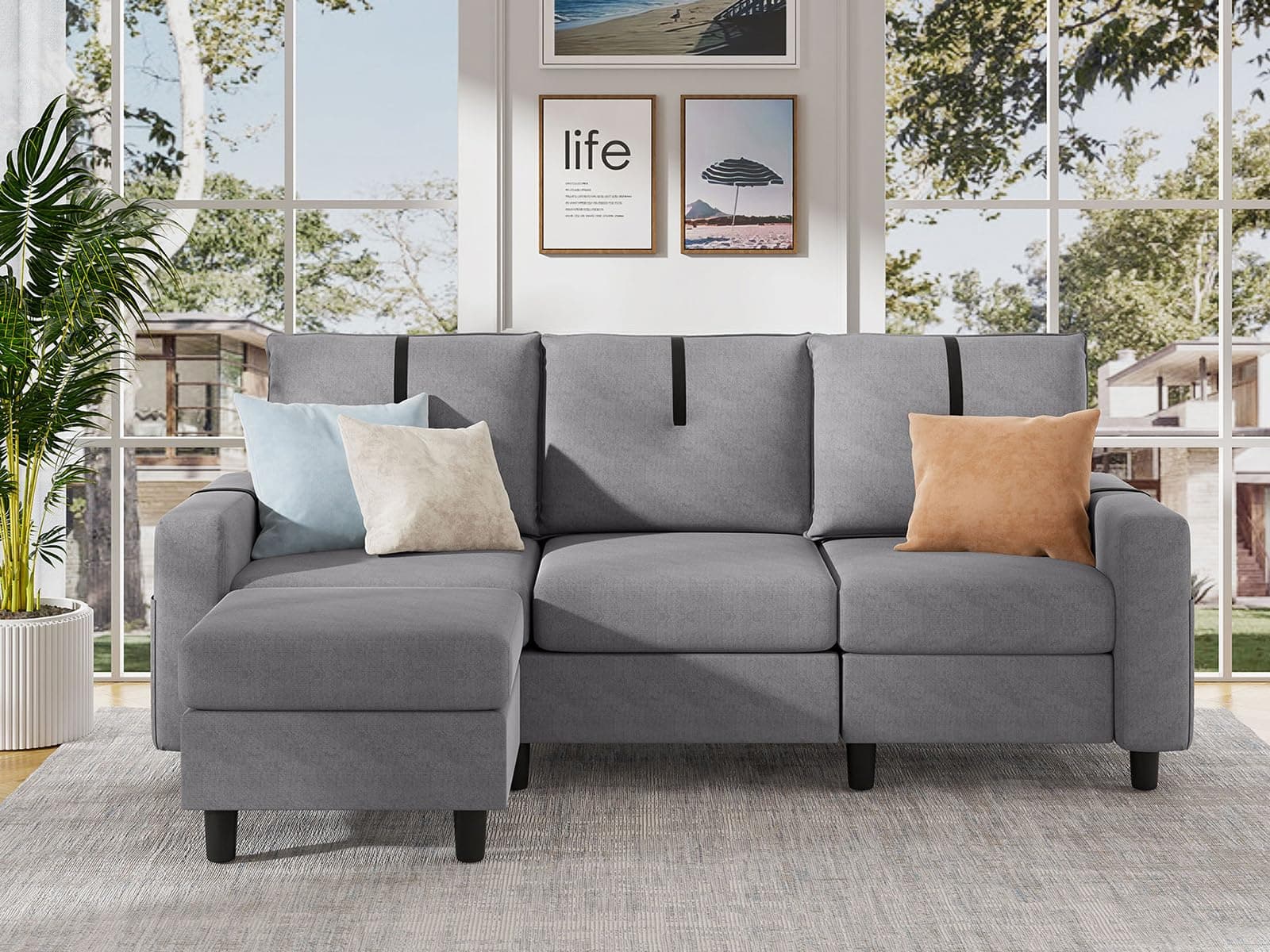 Modern 3-Seat L Shaped Sectional Sofa with Reversible Ottoman, Light Grey Linen Fabric