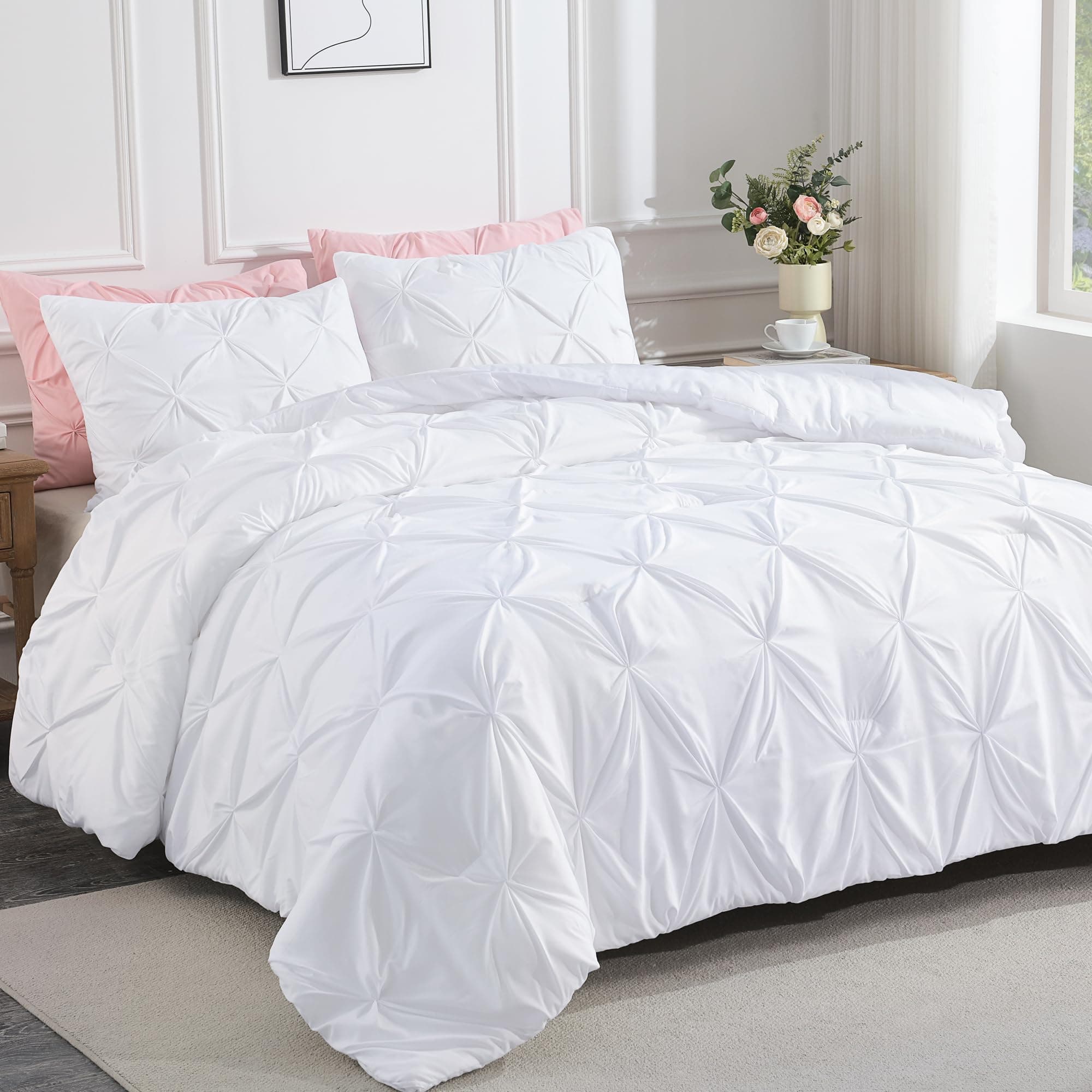 Andency White Queen Size Comforter Set, 3-Piece Cute Pinch Pleat bedding