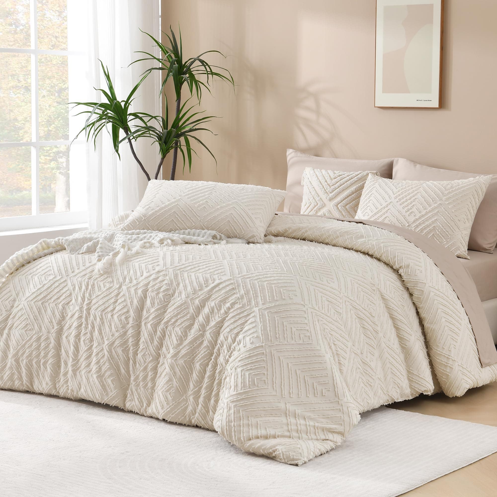 Andency Queen Comforter Set Beige, 3 Pieces Tufted Farmhouse Bedding