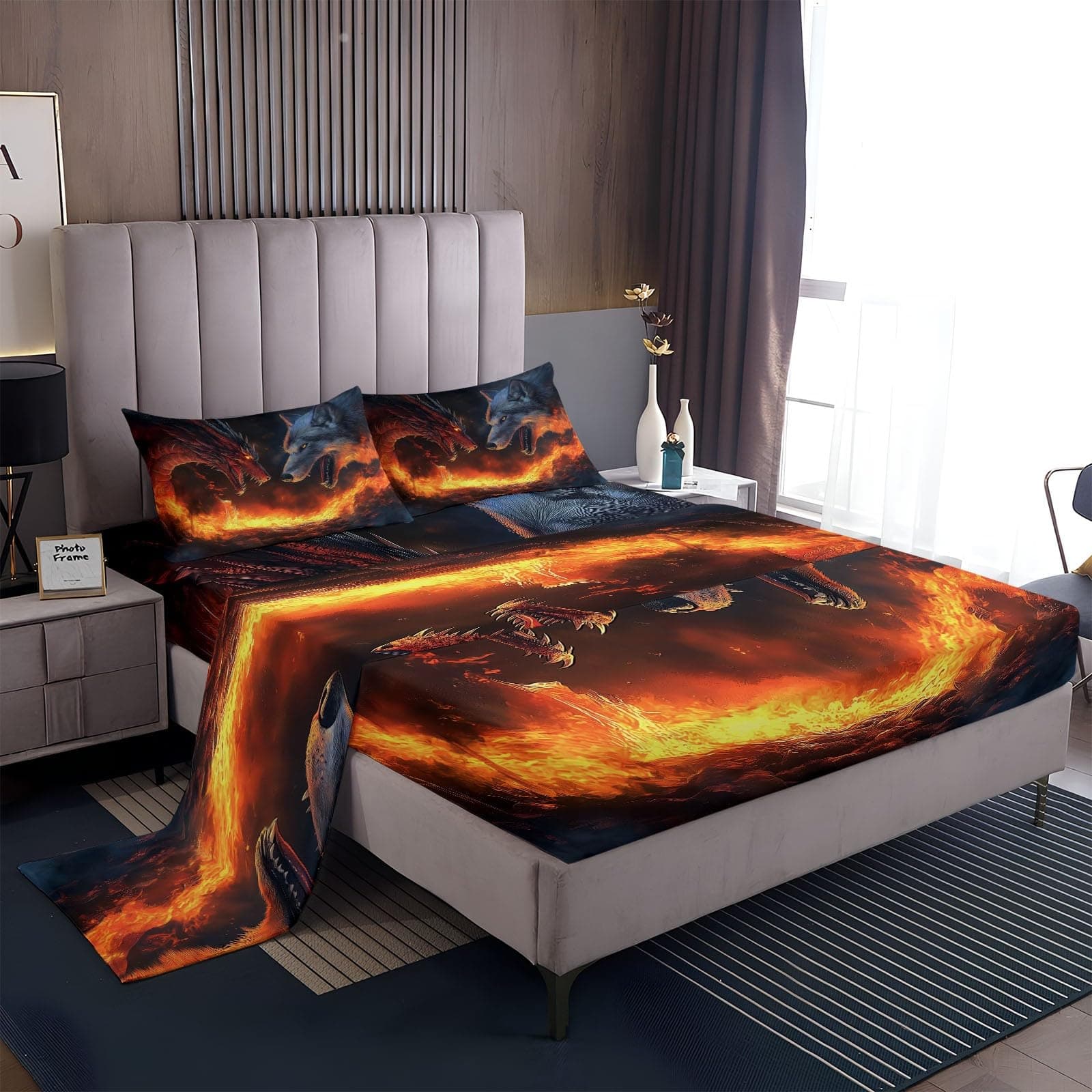 Abstract Flame Wolf & Dragon Black King Size Bed Sheets (1 Fitted, 1 Flat, 2 Pillowcases)