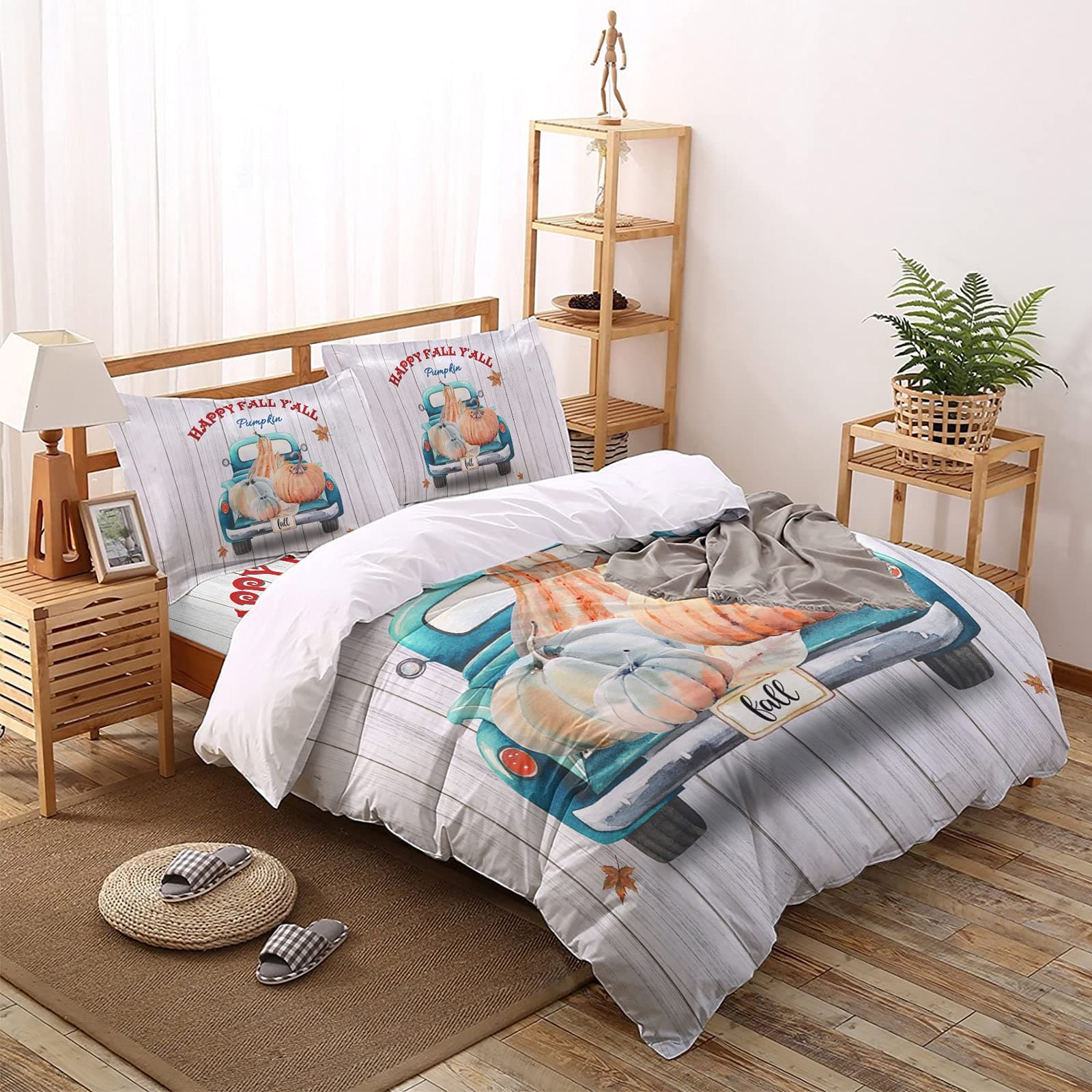 Pumpkin Market Quilted Bedding Set for Kids Full Size Top Sheet Rustic Autumn