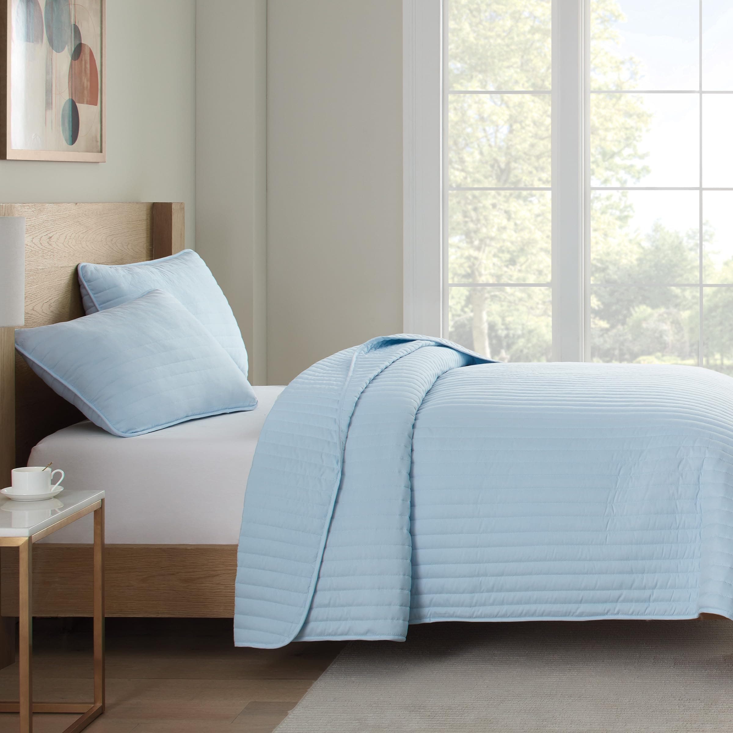 Arkwright Full/Queen Light Blue Microfiber Quilt Set - 90x90, All Season Coverlet (1 Quilt, 2 Shams)
