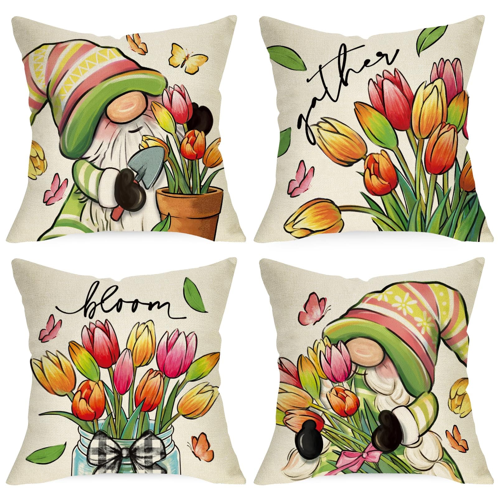 Spring & Summer Gnome Tulip Throw Pillow Covers, 20x20 Set of 4
