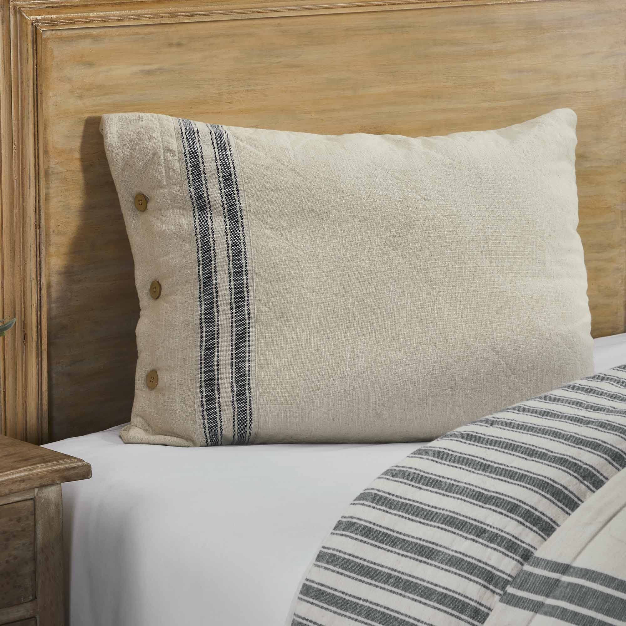 Piper Classics Gray Quilted King Pillow Sham, Cream & Grain Sack Stripe Details