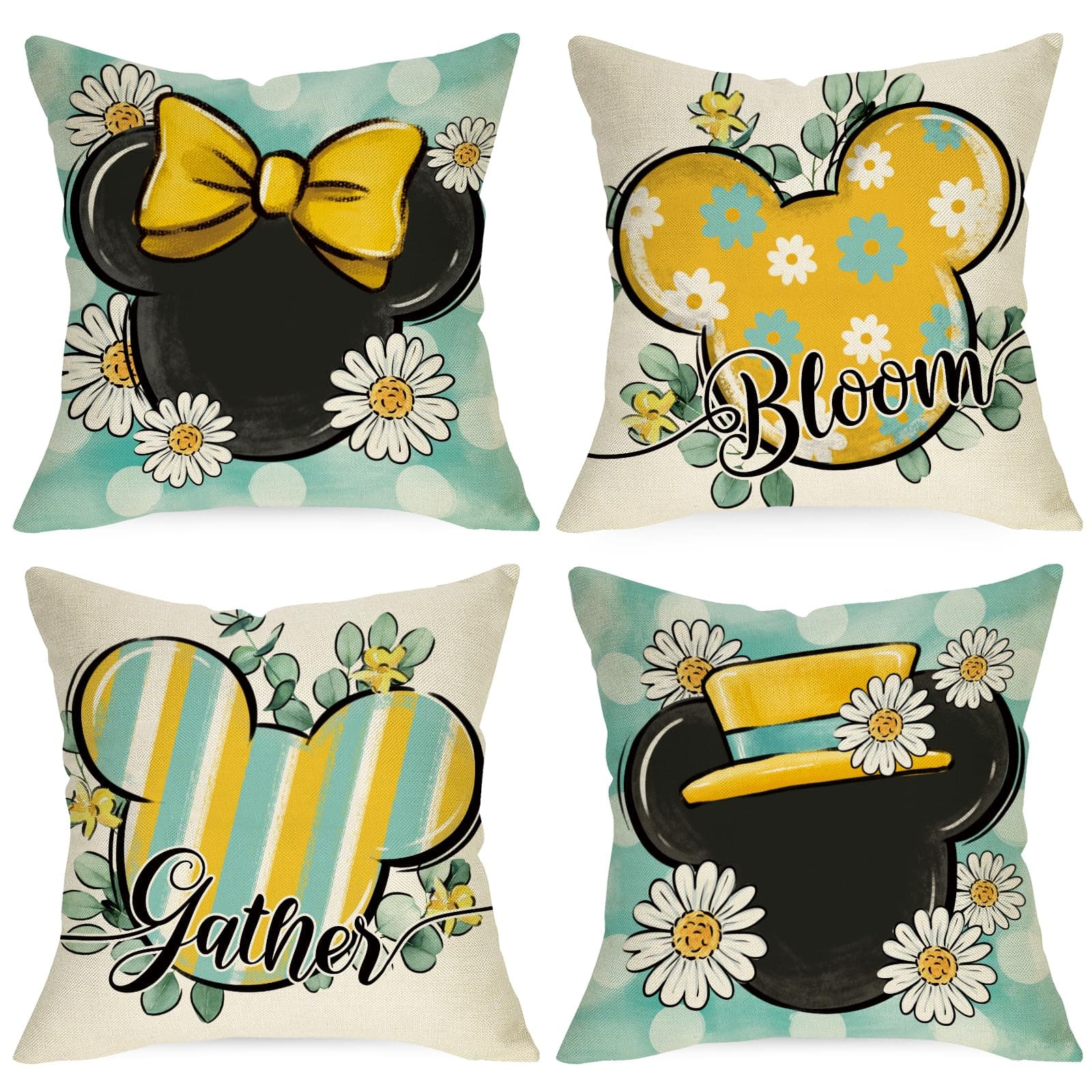 Spring Daisy Flower Throw Pillow Covers, Teal Yellow Stripes & Polka Dot