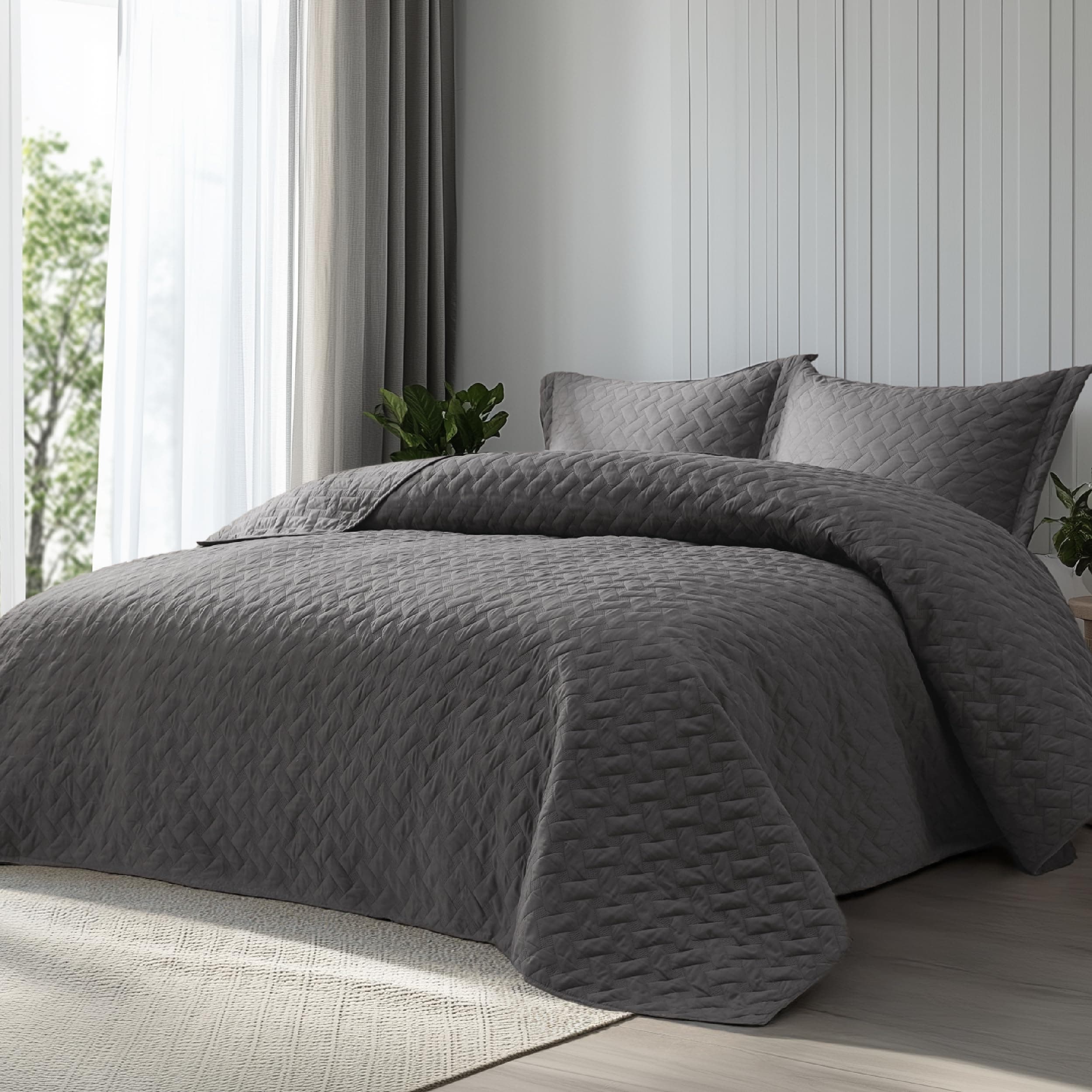 Bedsure Queen Size Basket Weave Quilt - Soft Grey Seasonal Bedding Set