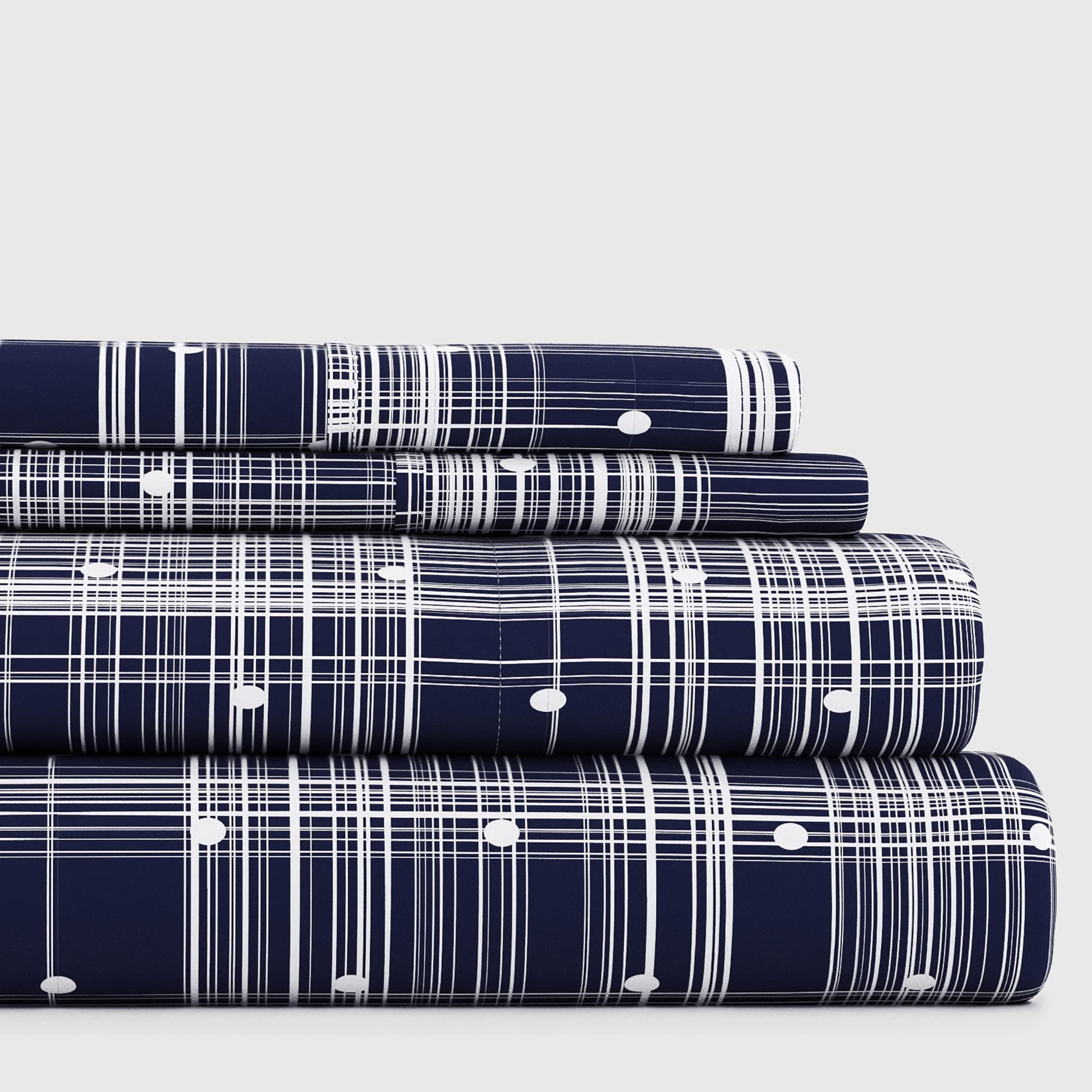 Ultra-Soft & Cooling Navy Polka Queen Bedding Sheet Set - Deep Pocket Fits 16 Mattress