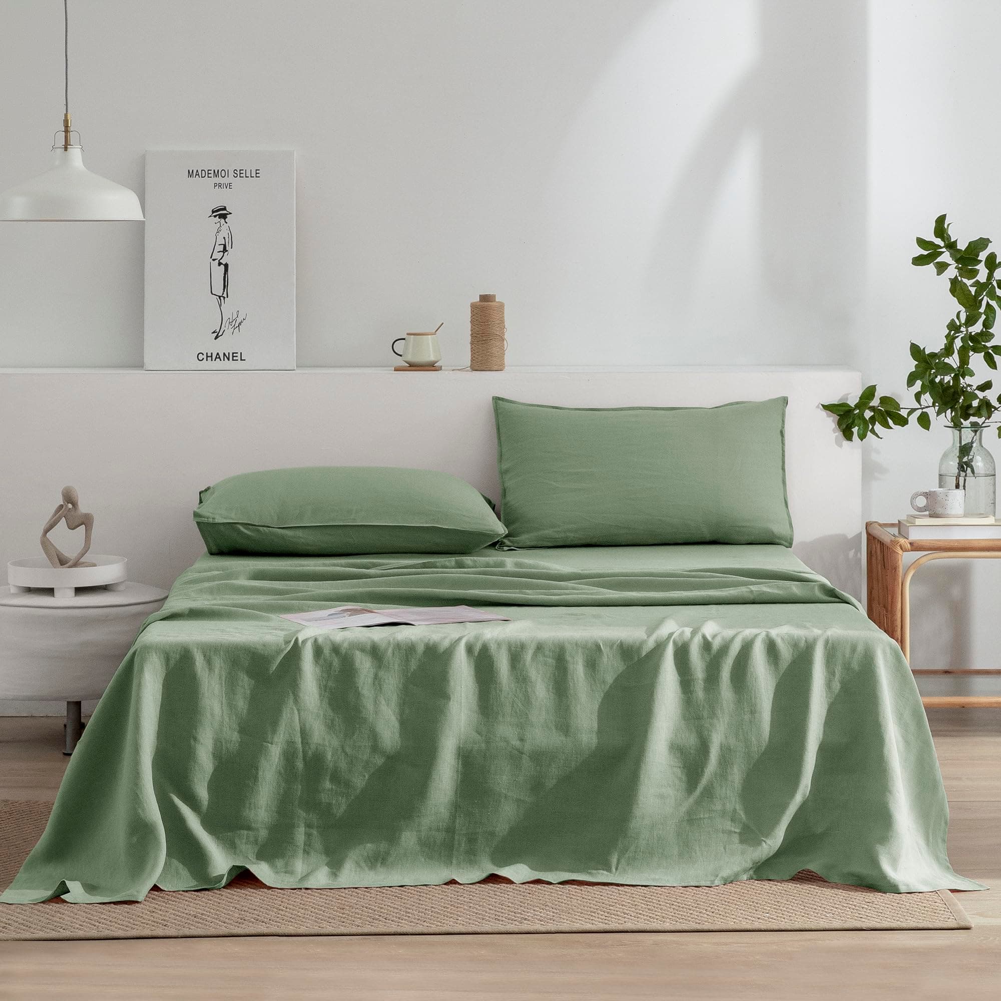 100% French Stonewash Pure Linen Sheets Set, 4Pieces, Suitable for Hot Sleepers, Saga Green, King Size