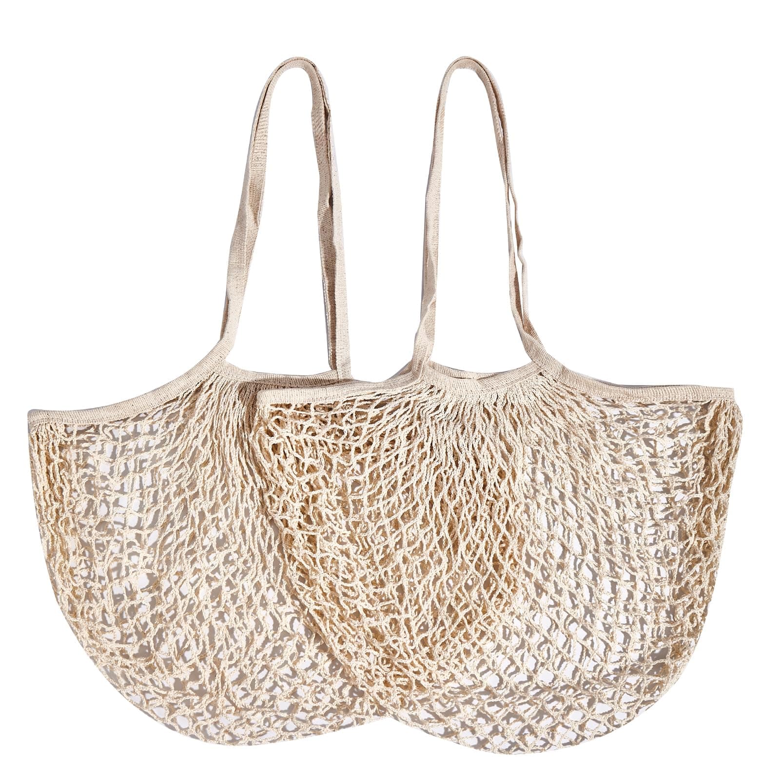 2 Pack Eco-Friendly Cotton Mesh Shopping Bags, Reusable Beige Handle Tote