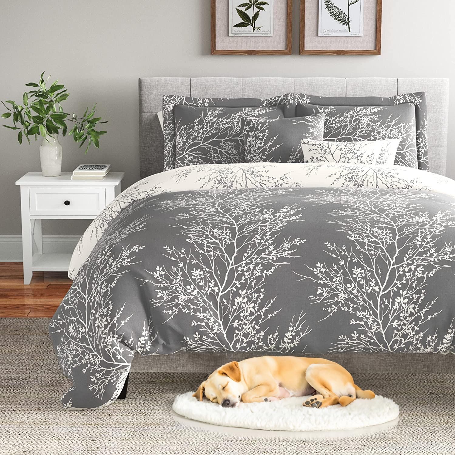 Spirit Linen 6pcs Queen Comforter Set - Cozy Microfiber with Foliage (Grey)