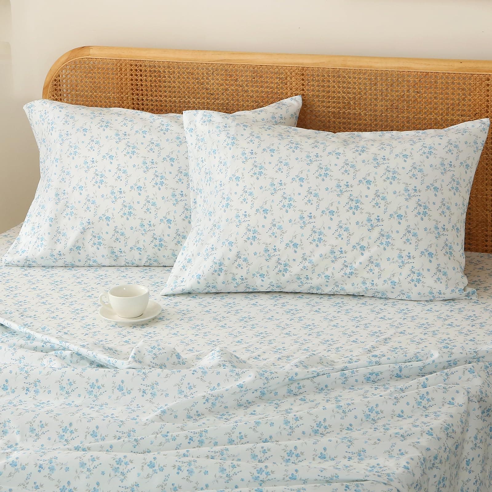 HYPREST Blue Floral King Bed Sheet Sets, Soft Breathable 4pcs Deep Pocket
