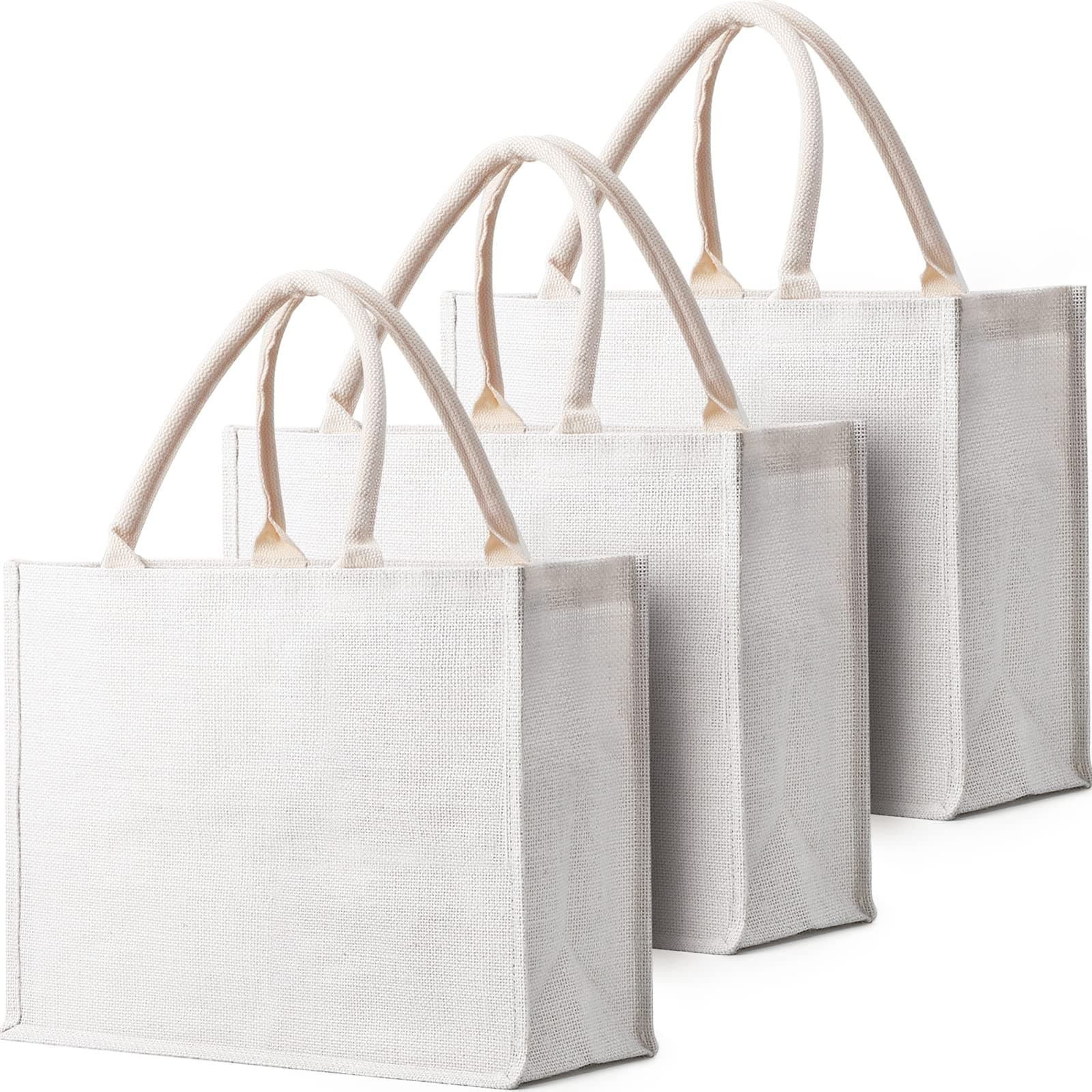 Segarty 3 Pack Large White Burlap Jute Reusable Canvas Tote Bags for Bridesmaid Wedding, Women Market Grocery Shopping, Bachelorette Party, Beach Trip