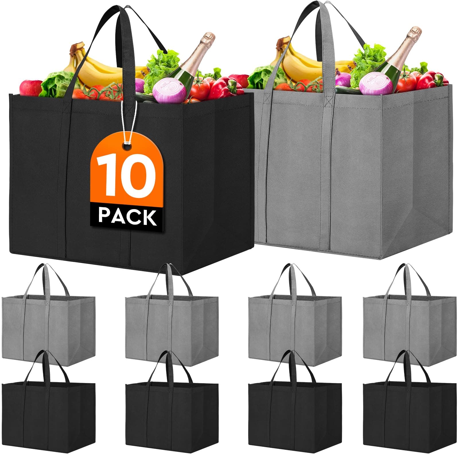 WISELIFE Eco-Friendly Large Foldable Grocery Bags 10 Pack Grey & Black