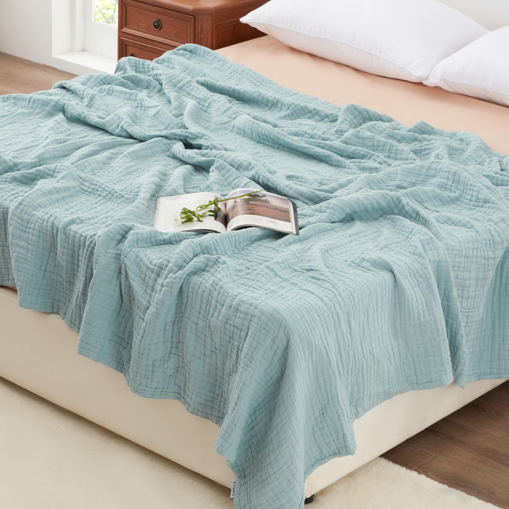 Cyan 100% Cotton Love's Cabin Queen Muslin Blanket, 90"x90"