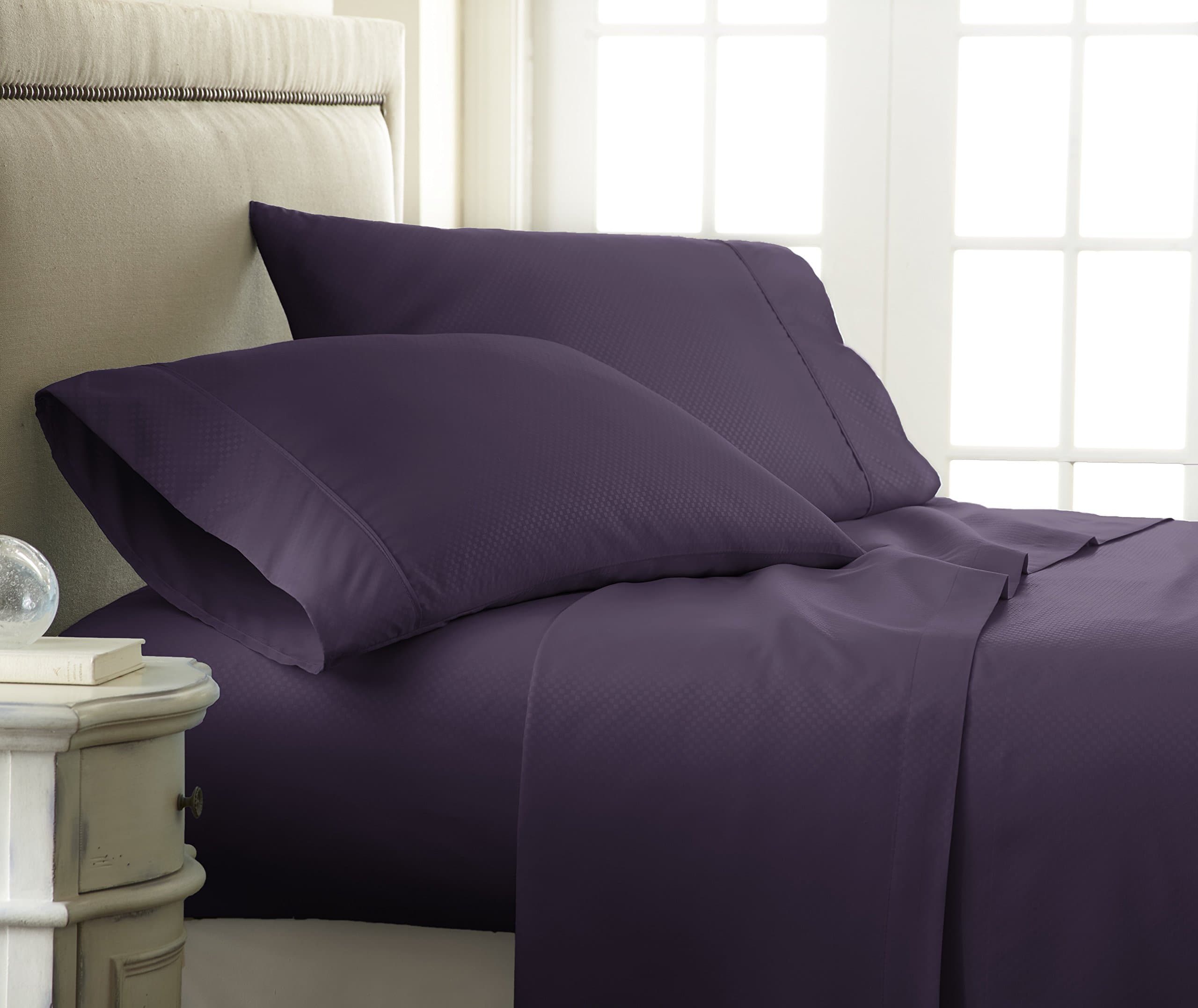 Embossed Checker Pattern 4 Piece Sheet Set, Queen, Purple