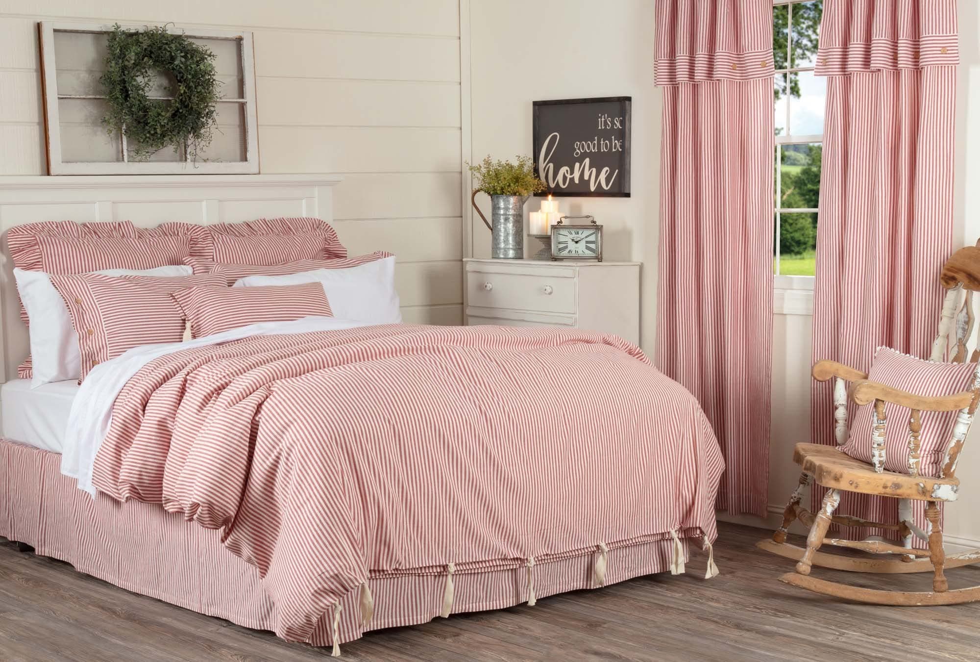 Red & Off-White Farmhouse Ticking Stripe King Duvet Cover, Soft & Comfortable