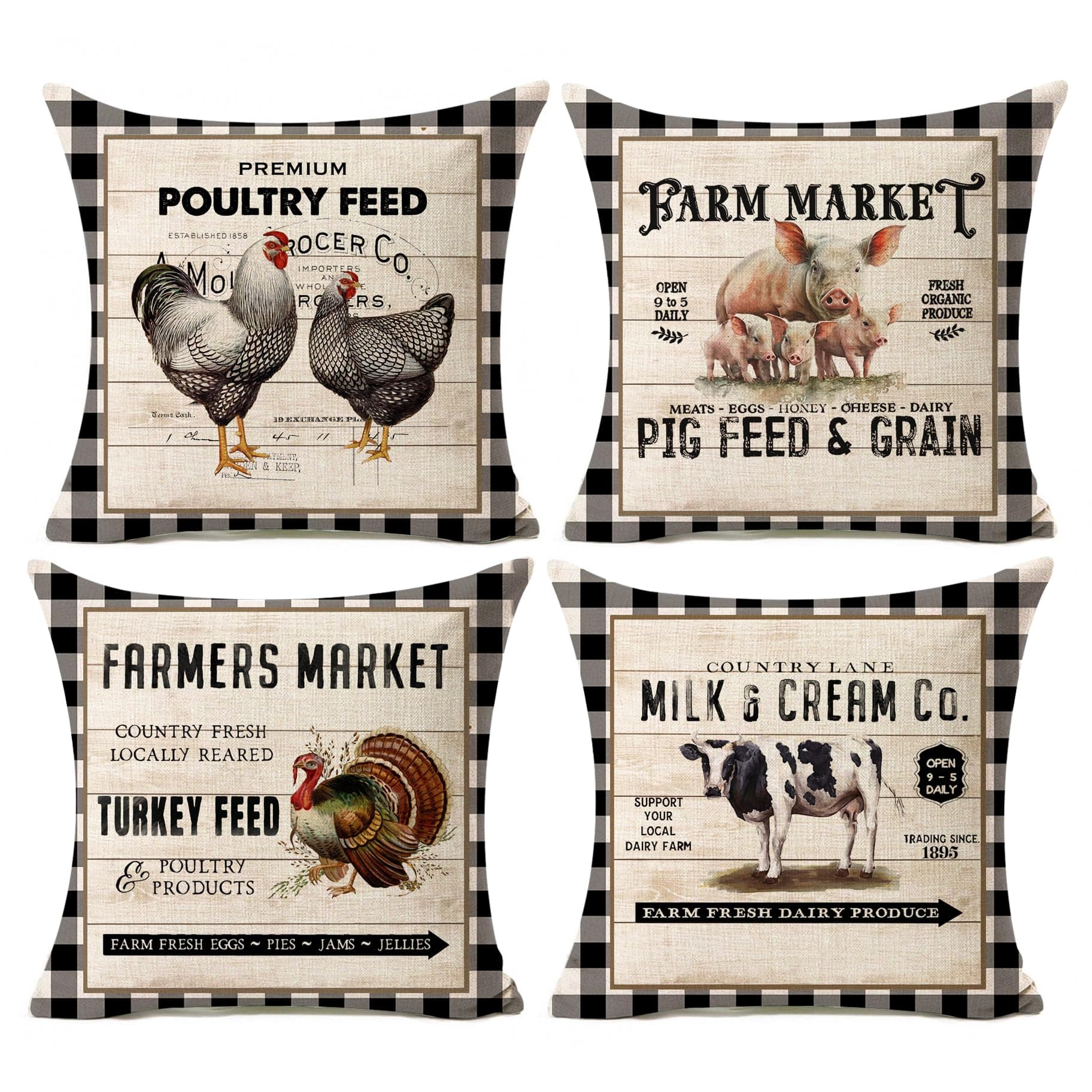 Vintage Farmhouse Animal Pillow Covers Set of 4 F063-18