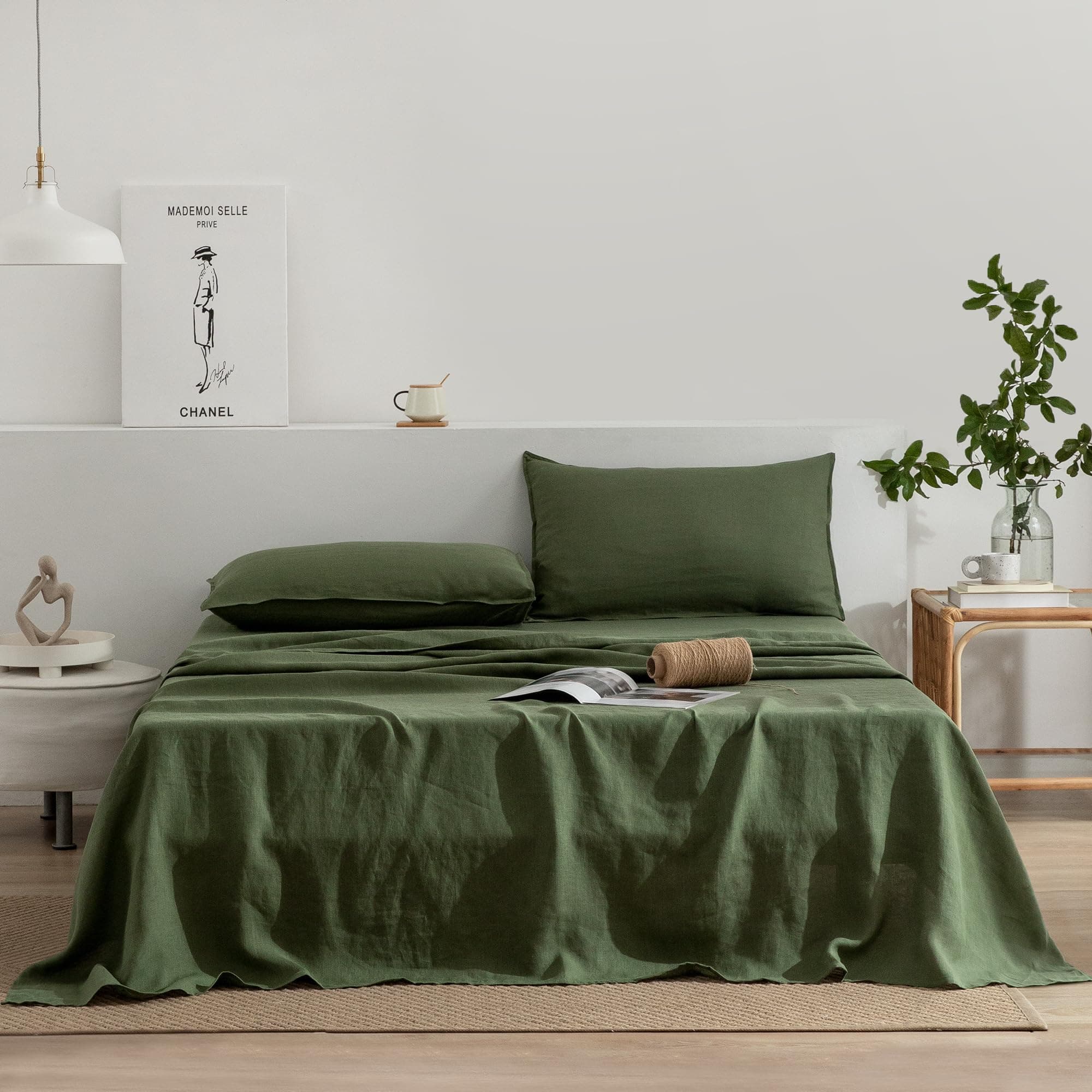 EVERLY Stonewashed French Linen Queen Sheet Set, Mossy Green, 4 PCS