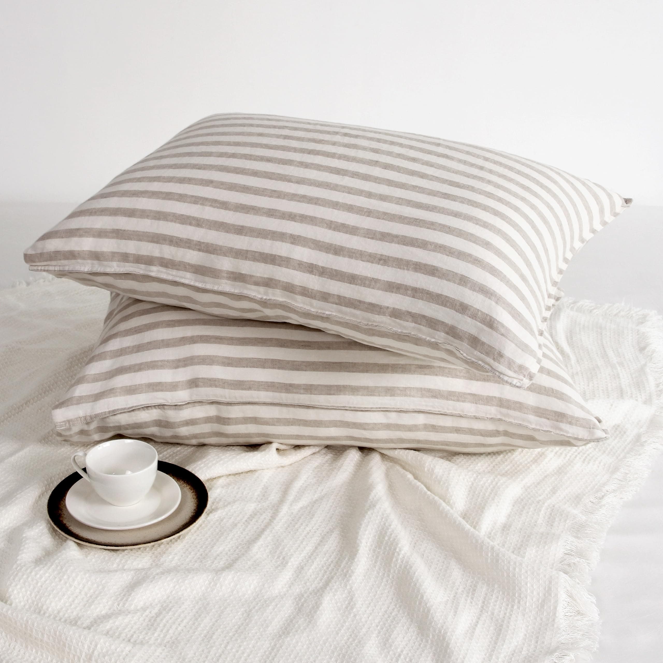 Set of 2 Striped Linen Pillow Cases, 20x30 Standard/Queen Size, 100% French Natural Flax Soft Linen Pillowcases