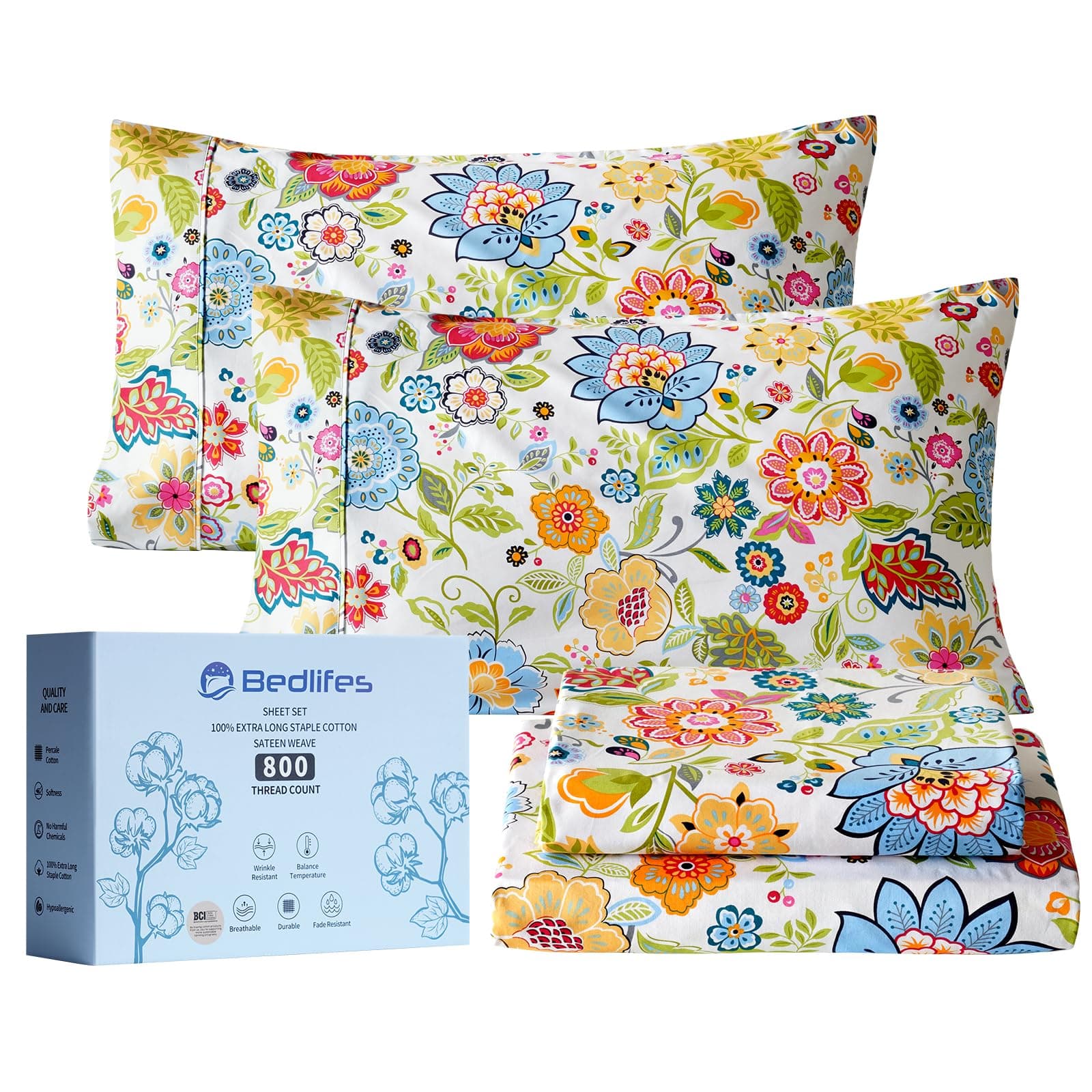 BedListes Floral 100% Egyptian Cotton Cooling Sheets - 800 Thread Count Queen (16 Deep Pocket)