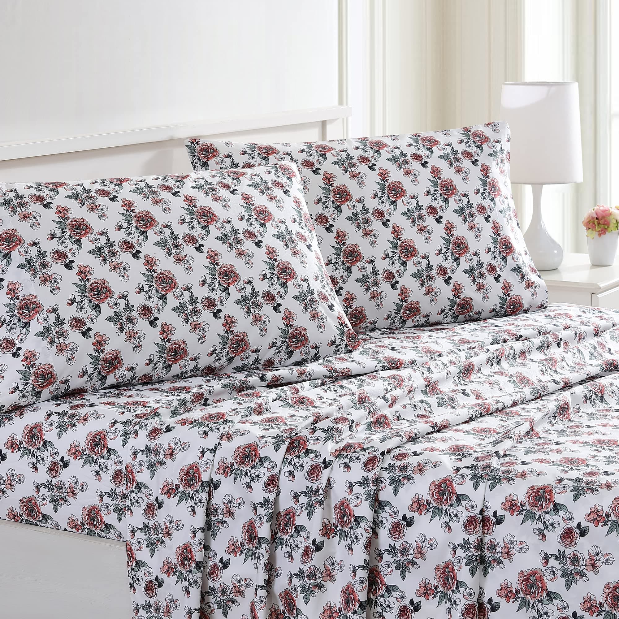 Modern Threads 4-Piece Deep Pocket Bedding Deep Pocket Mattress Up to 16 Inch Rose Bloom Full Size