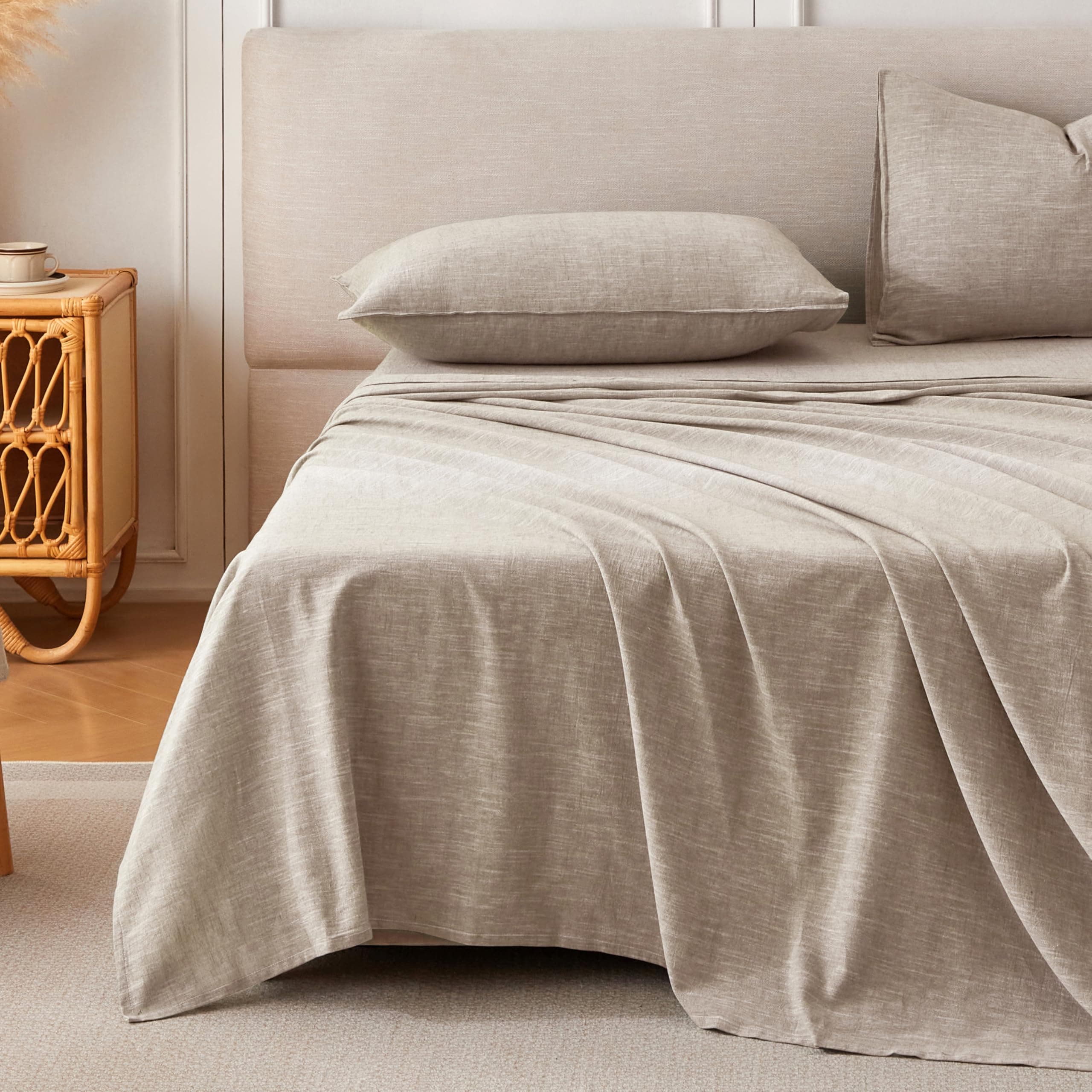 King Size Stonewashed Linen Cotton Sheets, Beige - Breathable & Soft, Slub Texture, All-Season Comfort, 4-Piece Set