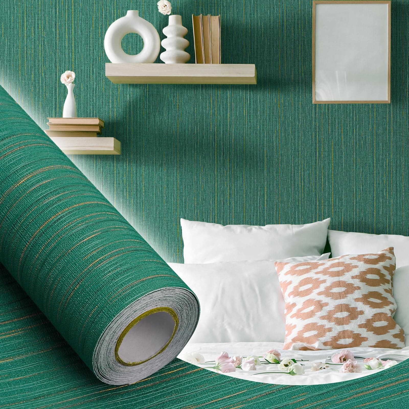 Malachite Green WADILE Textured Linen Peel and Stick Wallpaper