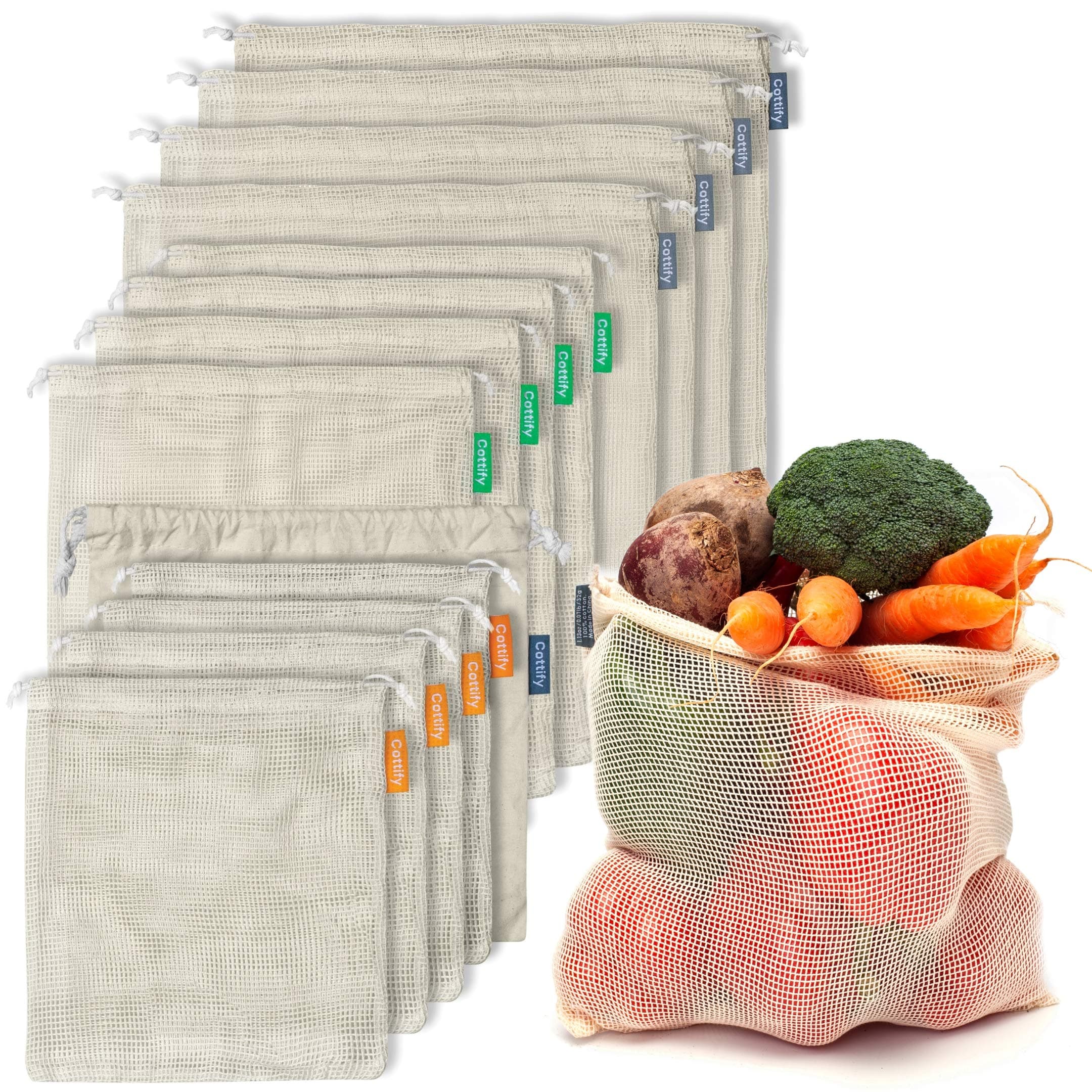 Reusable Organic Cotton Mesh Produce Bags, 12+1 Double-Stitched, Tare Weigh, 4 Sizes