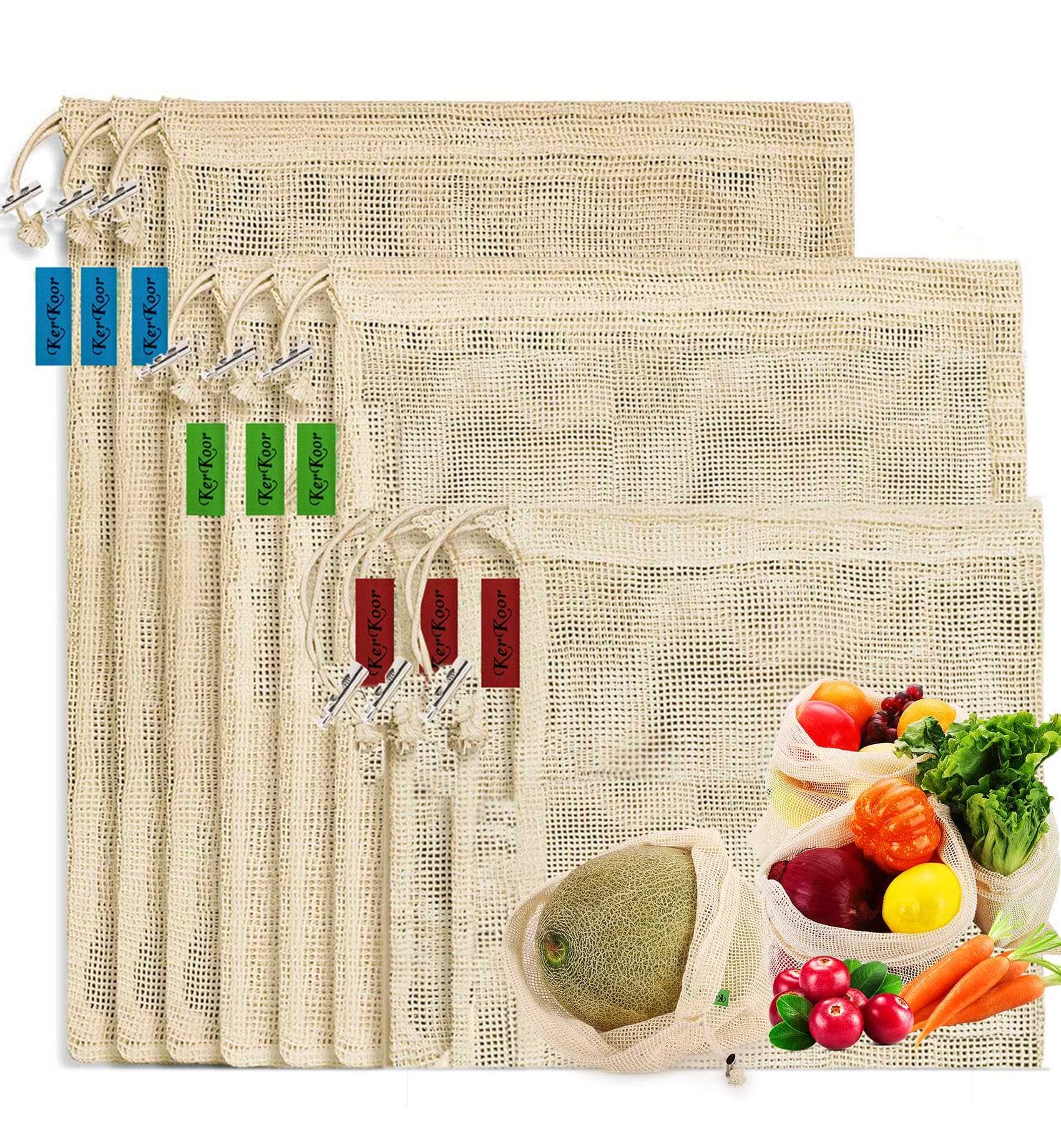 KerKoor Reusable Cotton Mesh Produce Shopping Bags, Eco-Friendly & Washable