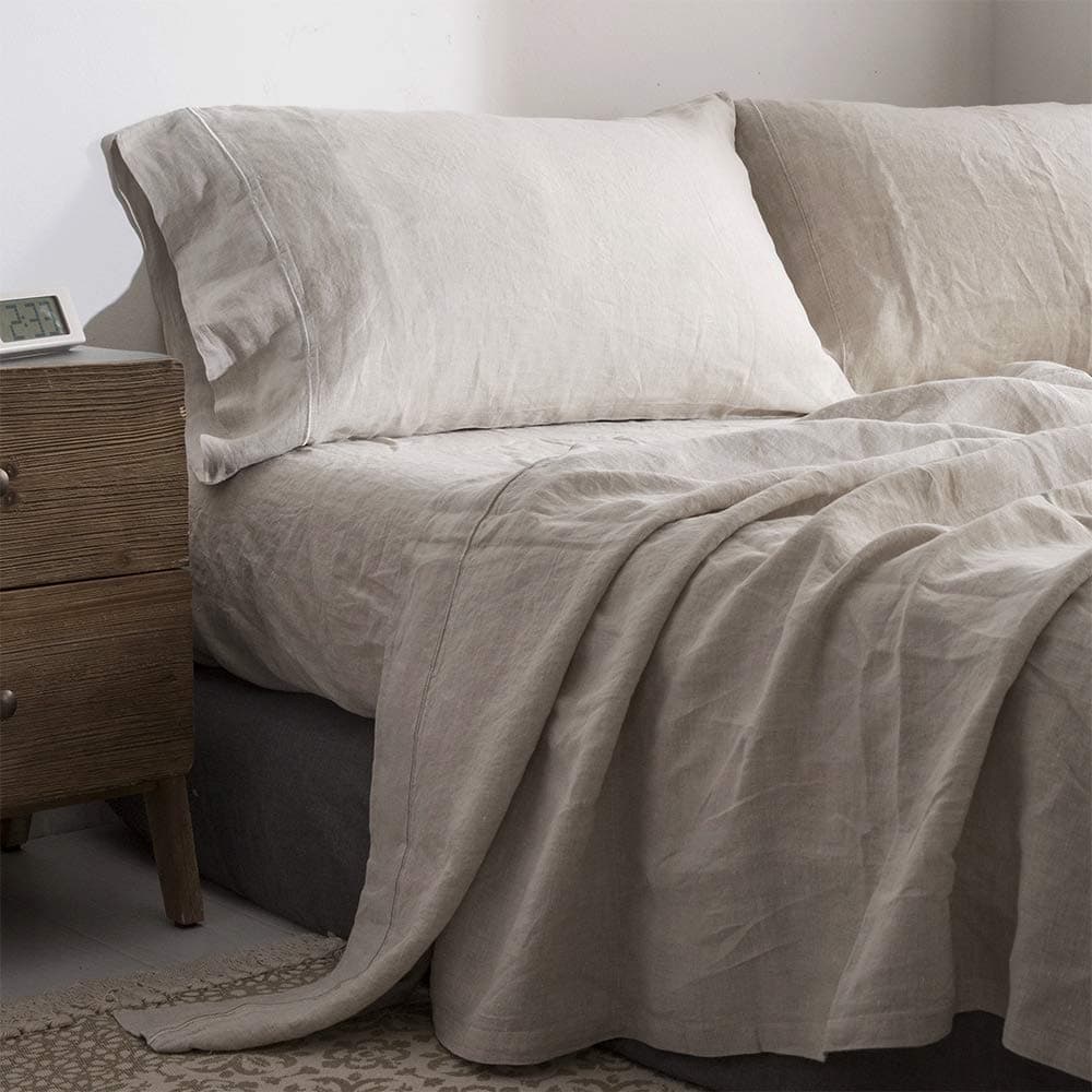 Simple & Opulence Pure Linen Full Size Sheet Set - 4 Pcs Natural Embroidery