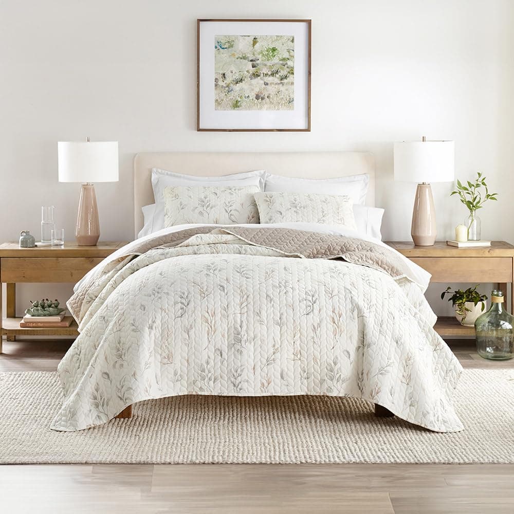 King Watercolor Leaves Latte Quilts in Linen Market