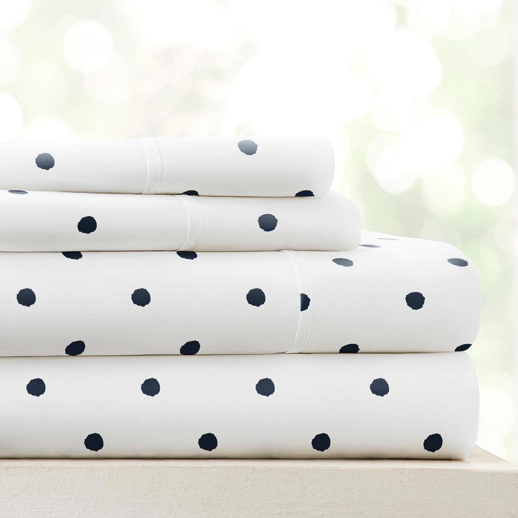 Ultra-Soft & Cooling Navy Blue Dots Queen Bedding Sheet Set (4 Piece)