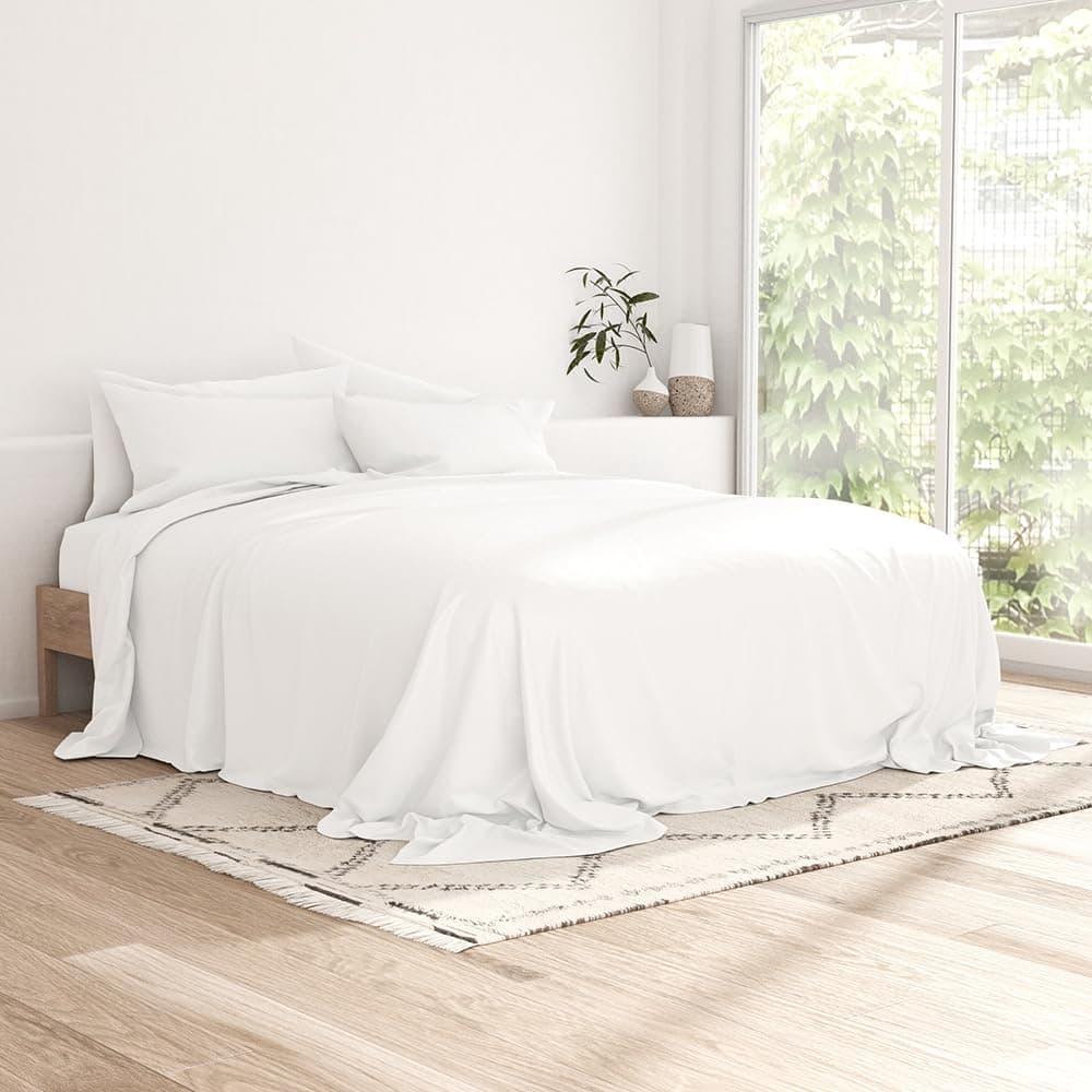 Queen Size Linen Market Cooling Bed Sheets Set - Breathable & Soft - 4 Piece, White