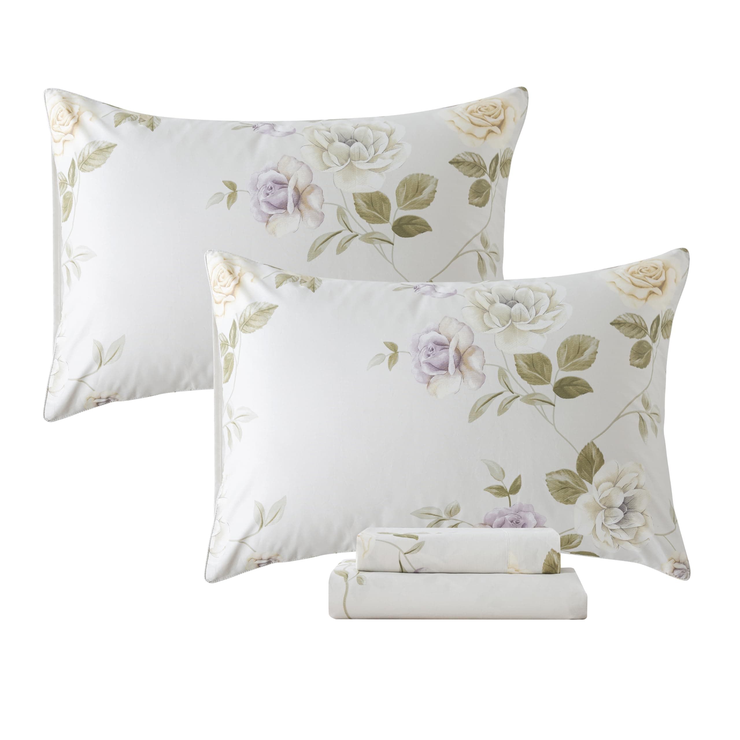 Queen Percale Cotton Sheets Set, Luxury Vintage Roses Floral, Deep Pocket Fitted, Super Soft & Breathable, 4pcs