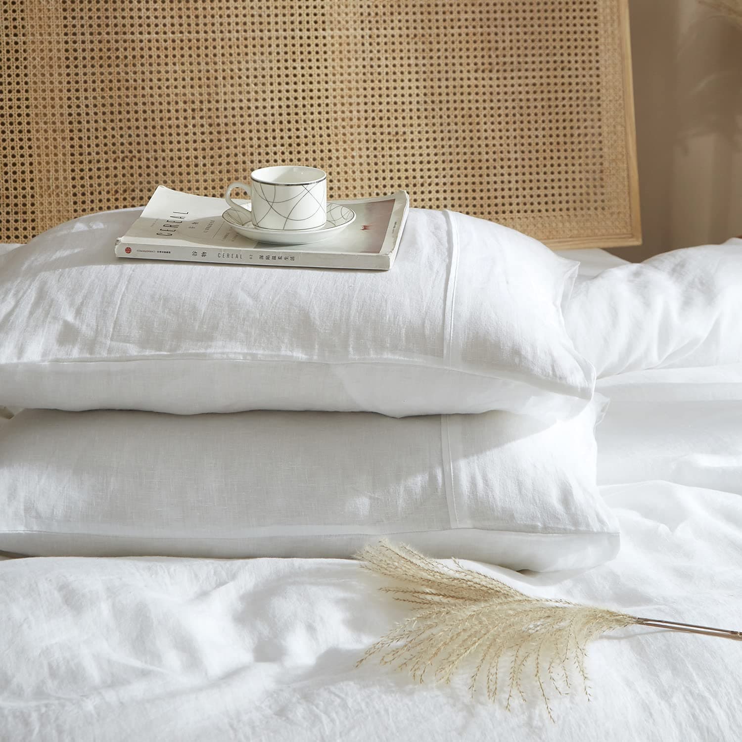 HYPREST White Stone-Washed French Linen Queen Pillowcases, Soft & Cool