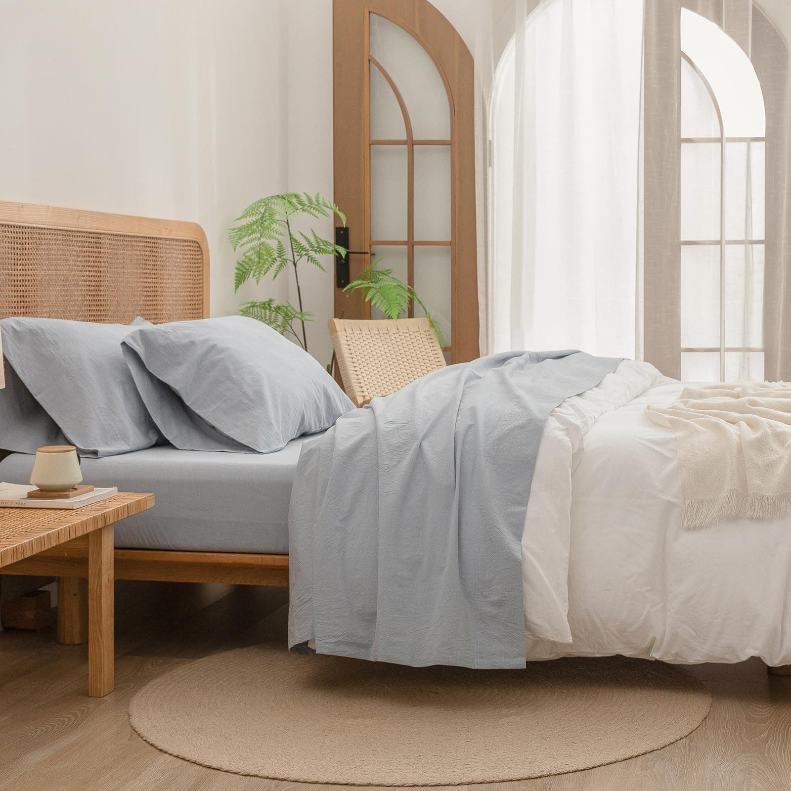 BESTOUCH Cornflower Blue King 4 Pcs Washed Cotton Linen Feel Sheet Set