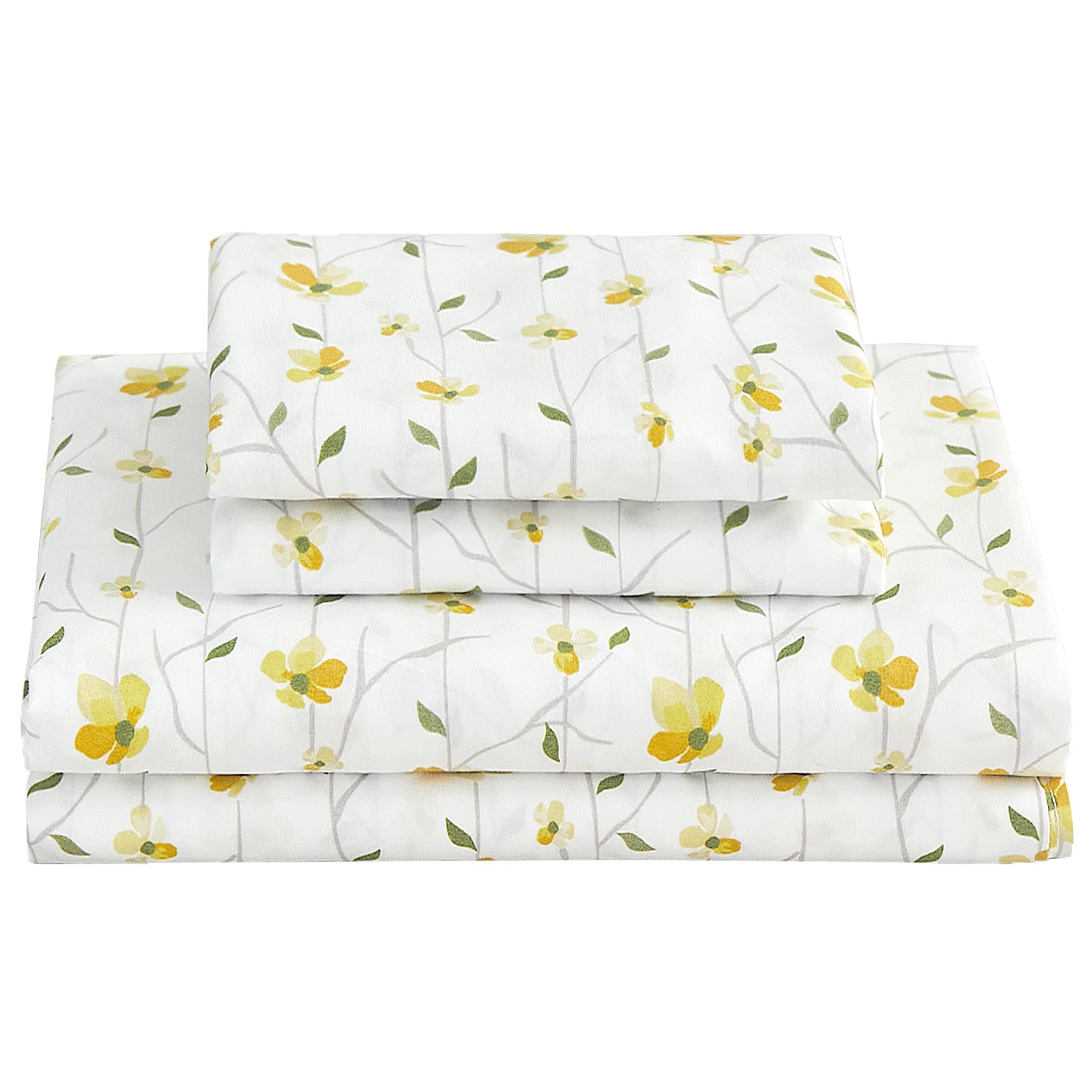Yellow Floral Full Sheet Set - 4 Piece Soft Microfiber Fitted Sheets with 15 Deep Pocket
