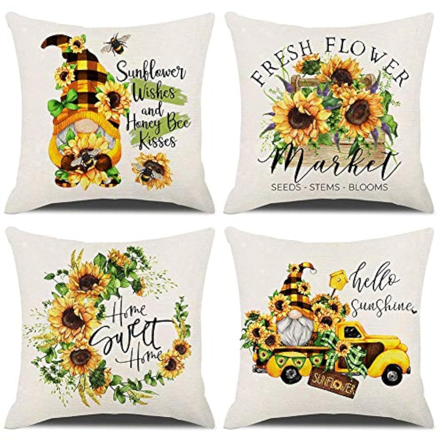 Rustic Sunflower Pillow Covers Set of 4 (Yellow-Hello Sunshine)