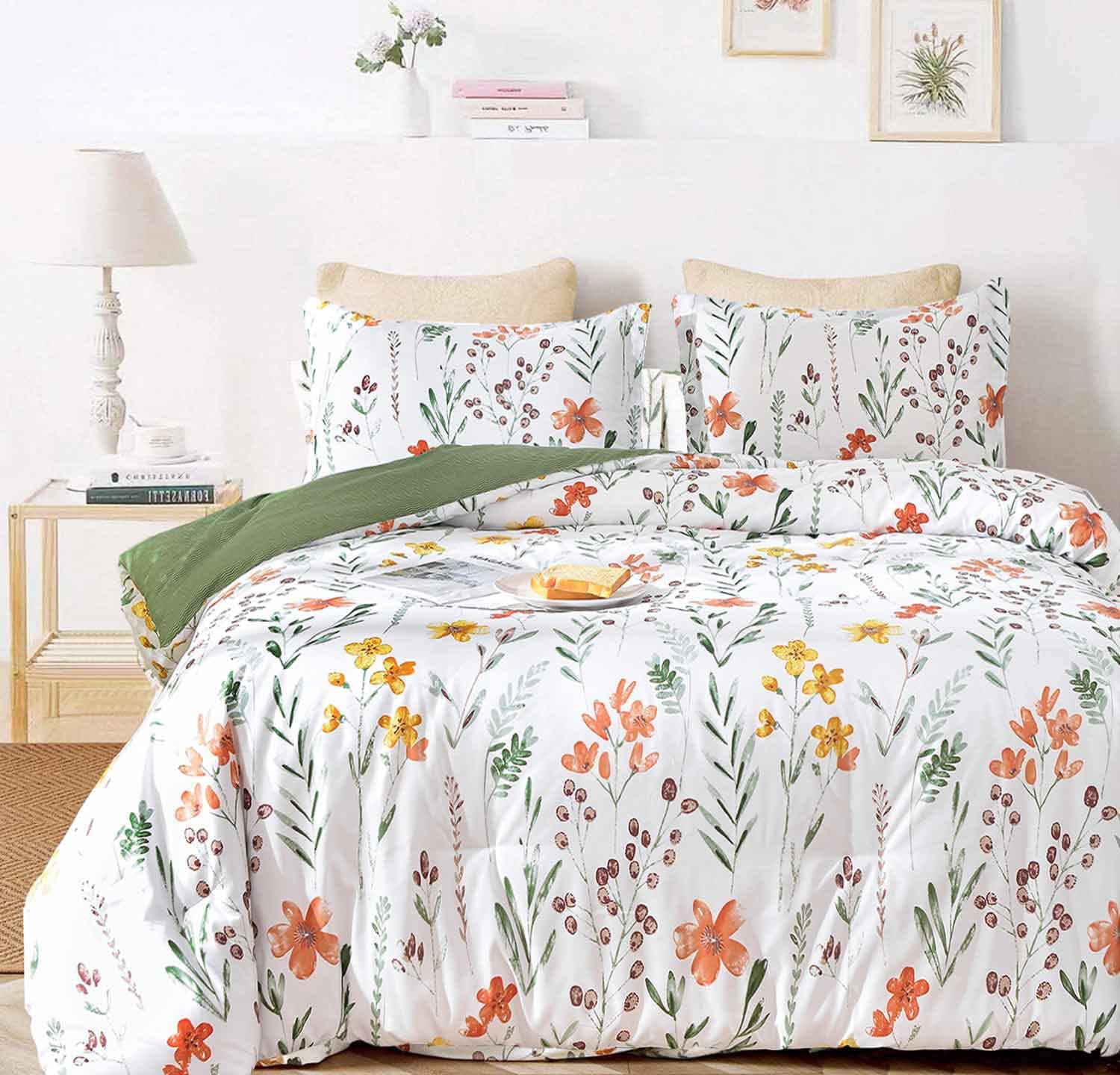Queen Size White Yellow Floral Comforter Set - Green Leaf Print Reversible Down Alternative Bedding - 90x90 Vintage Farm