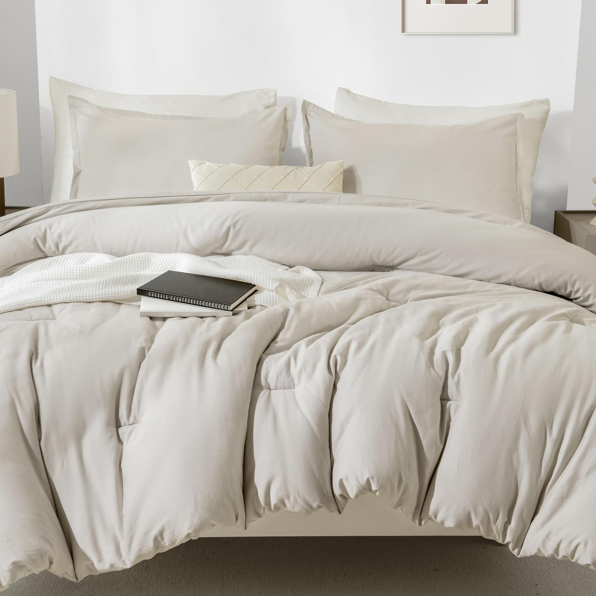 Grey Cotton Comforter Queen Size, Breathable Bedding Sets 3 Pieces for All Season