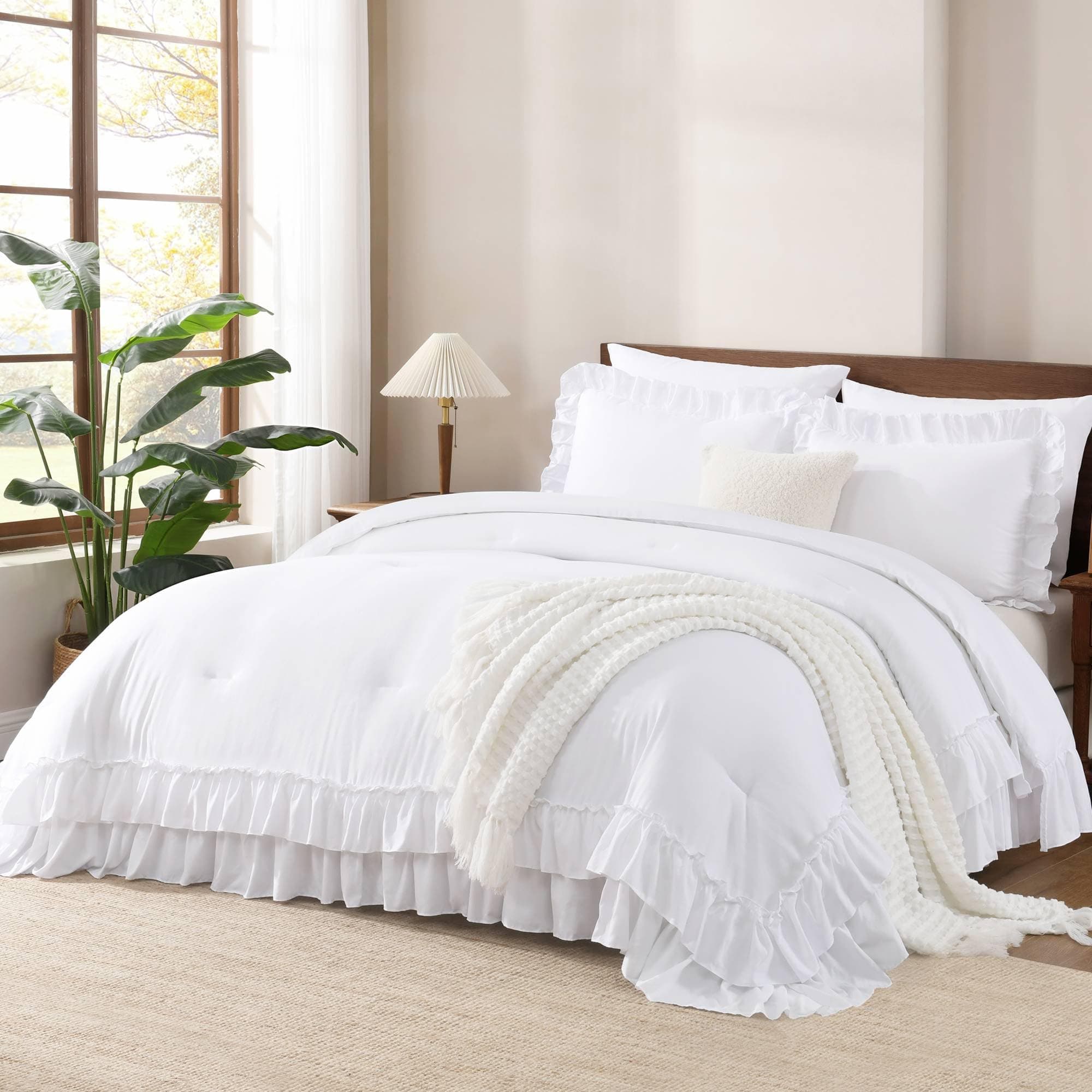 White Shabby Chic Queen Comforter Set with Microfiber Ruffles & Pillowcases