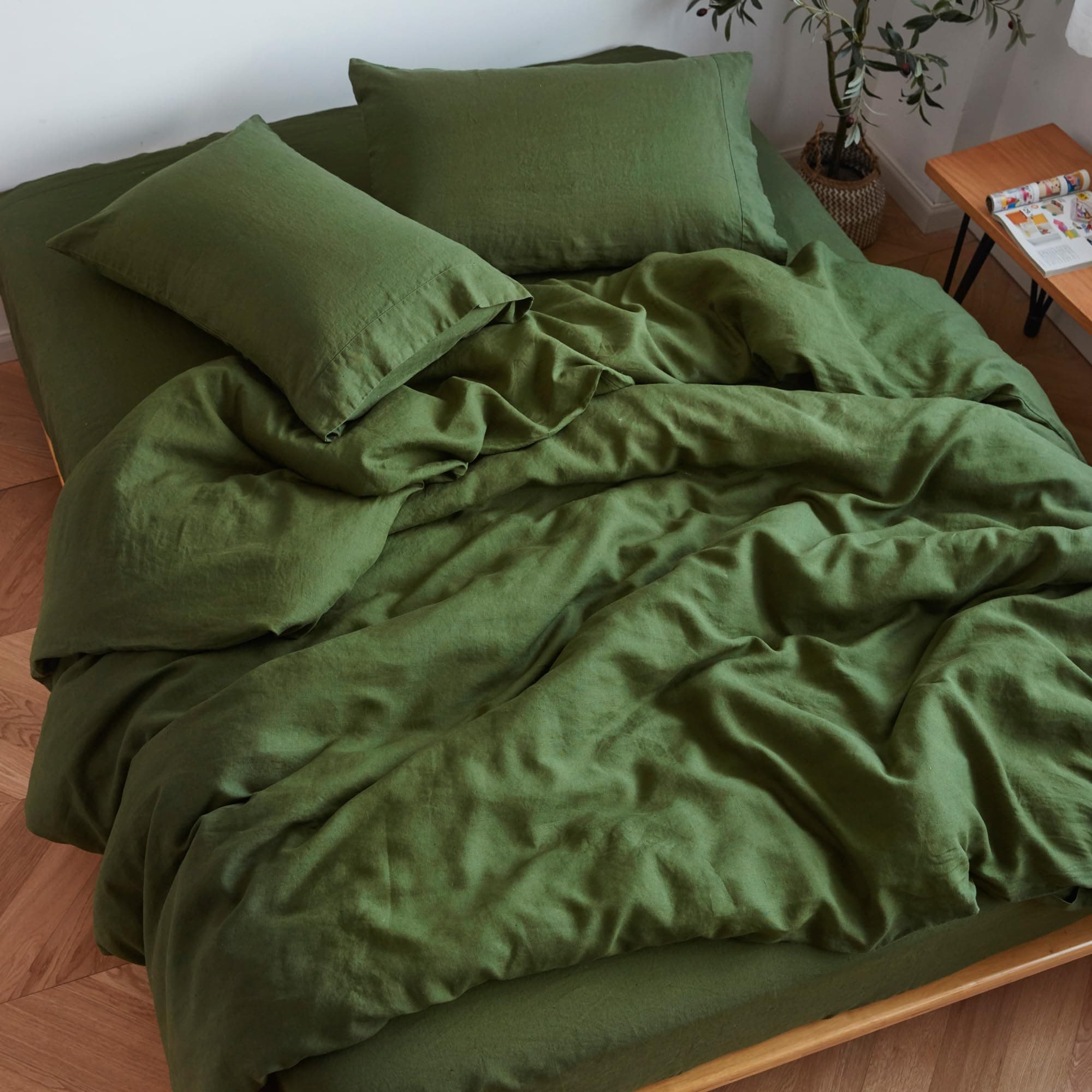 Sijo Organic Stone Washed French Linen Bed Sheet Set, GOTS Certified, Best Cooling Linen Award (Forest, King)