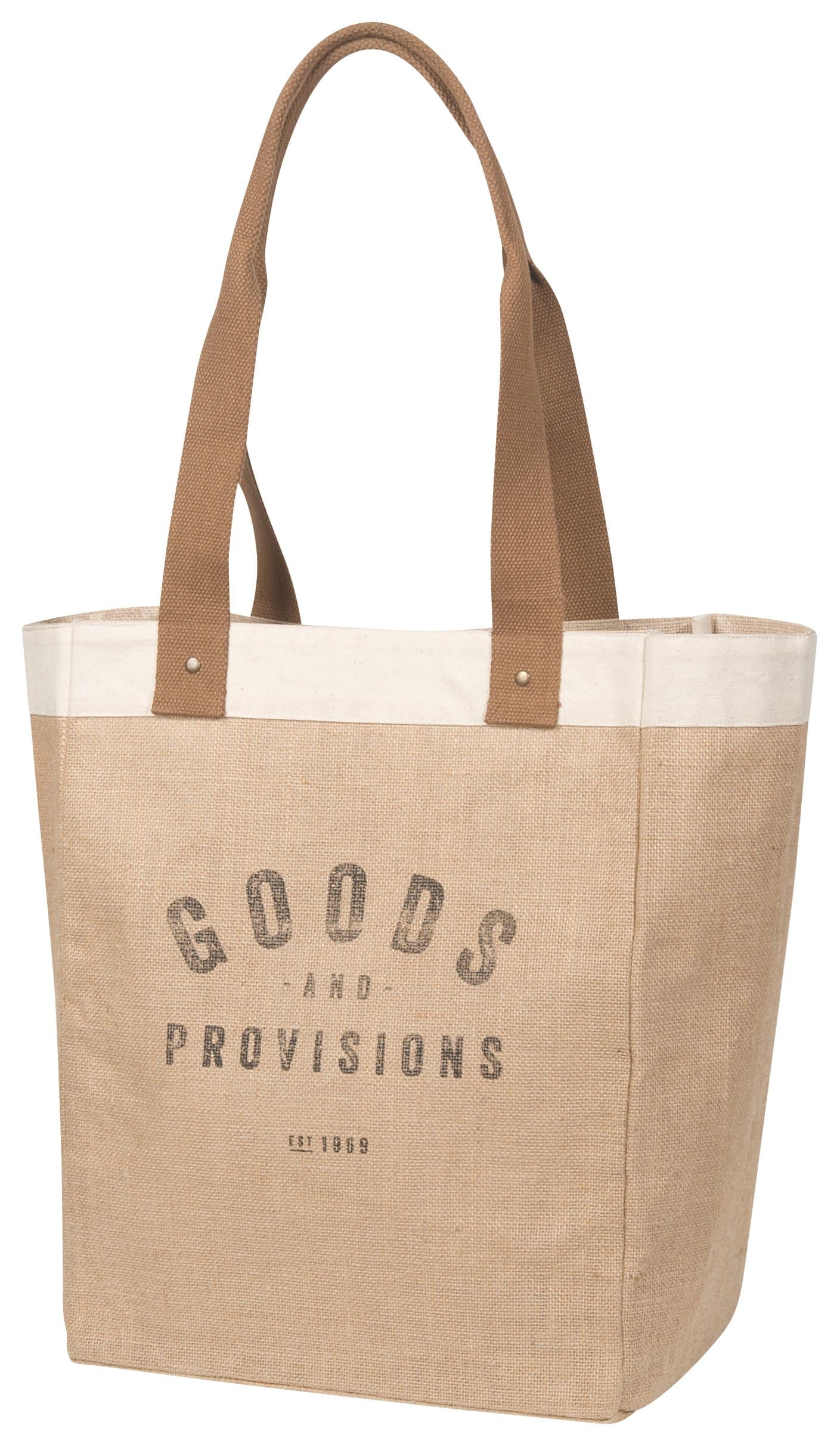Burlap Market Tote: Goods and Provisions - 17 tall x 13.5 wide x 8.8 deep