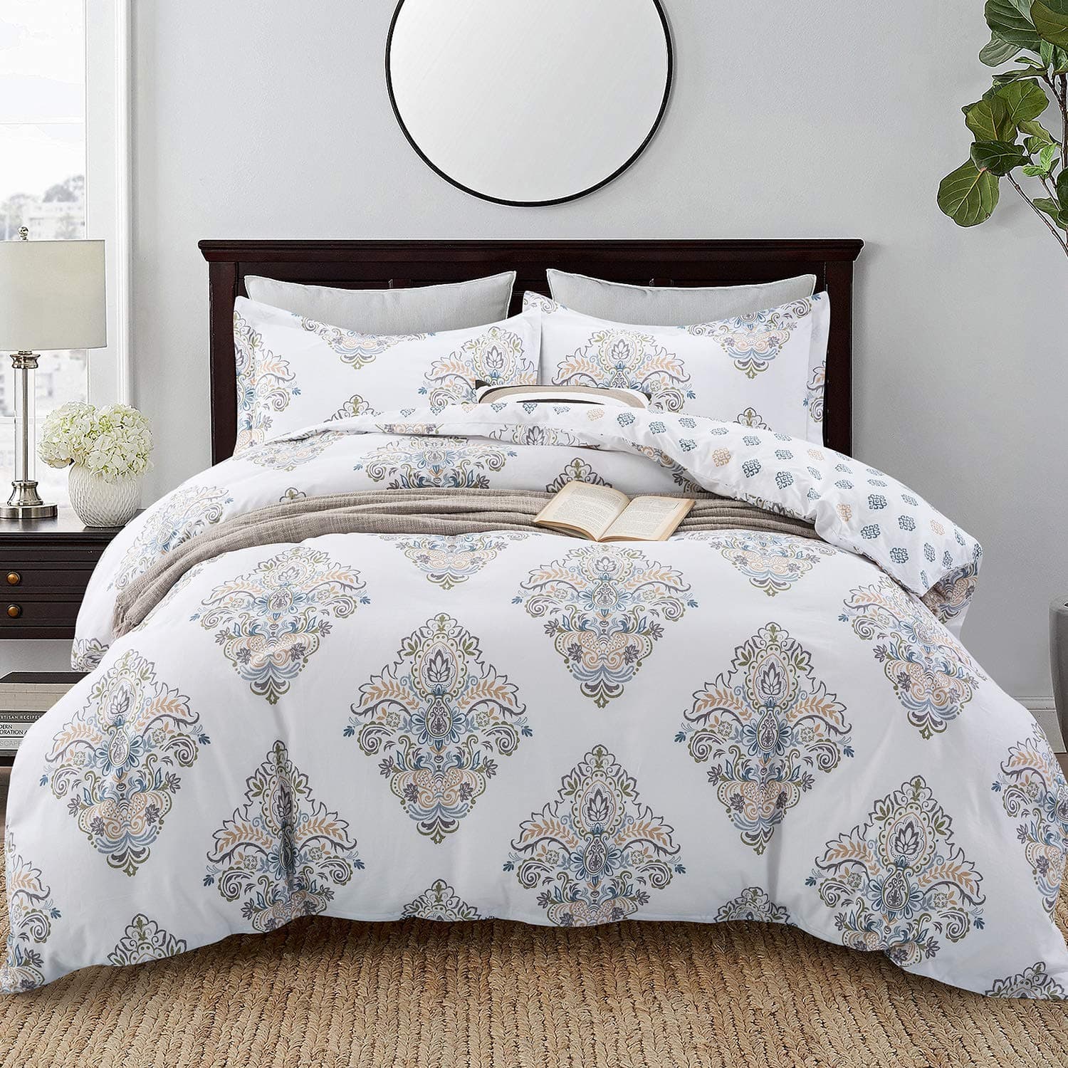 JUCFHY Queen Size Egyptian Cotton Damask Duvet Cover and Pillow Shams Set