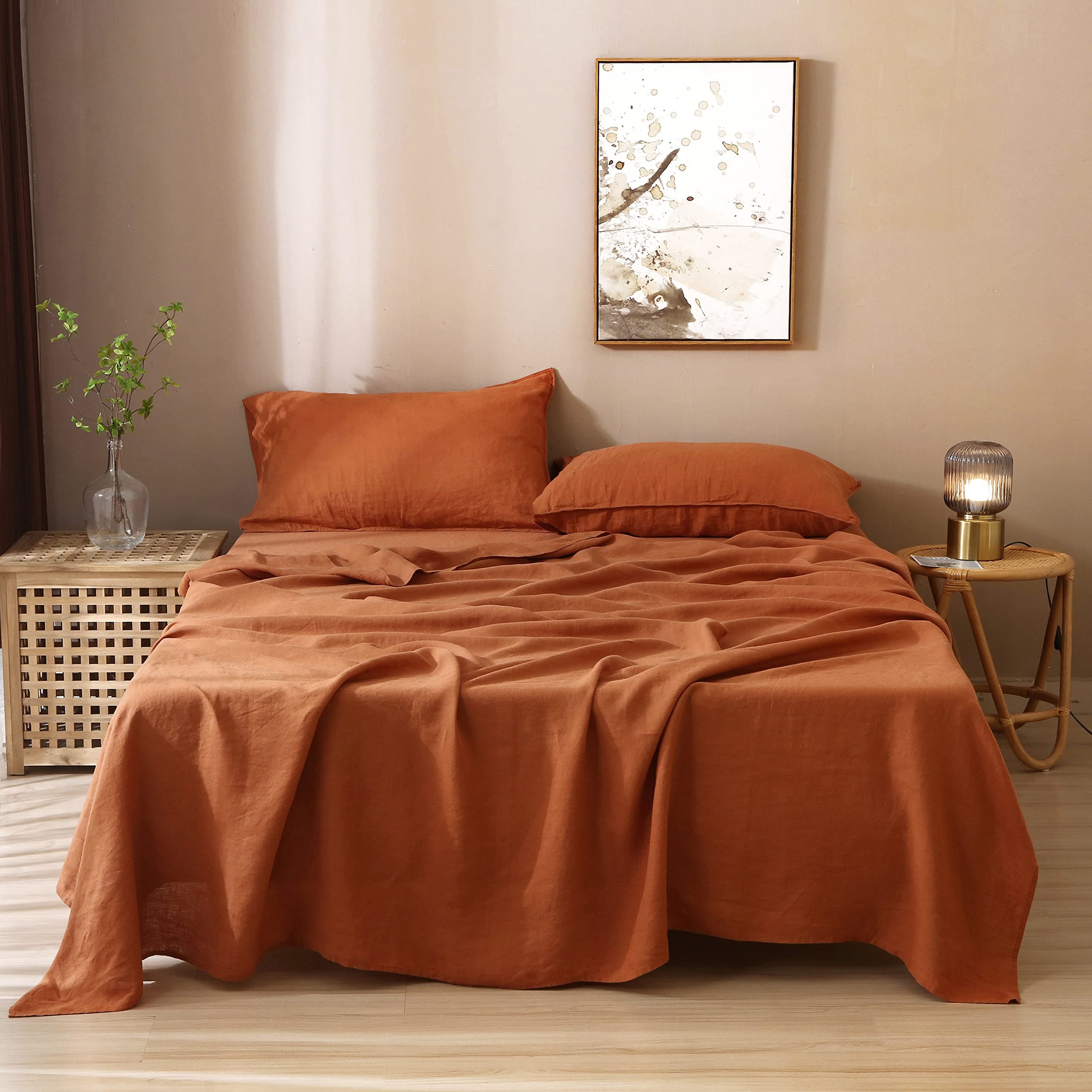 French Linen Sheet Set Full Size Natural Flax Stone Washed 4 Pieces Bedding Soft Luxurious Sheets Set