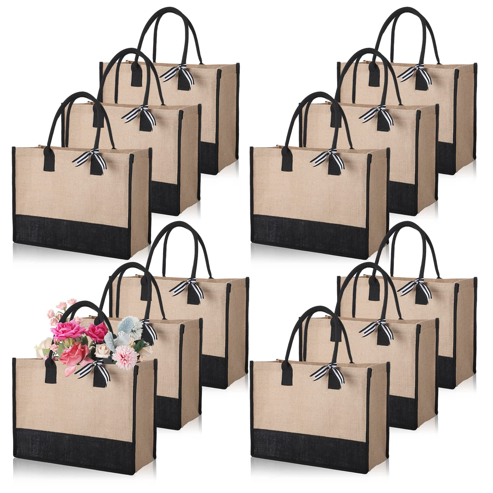 12-Piece Jute Tote Bag Set for Women with HandlesLarge Reusable Gift Bags